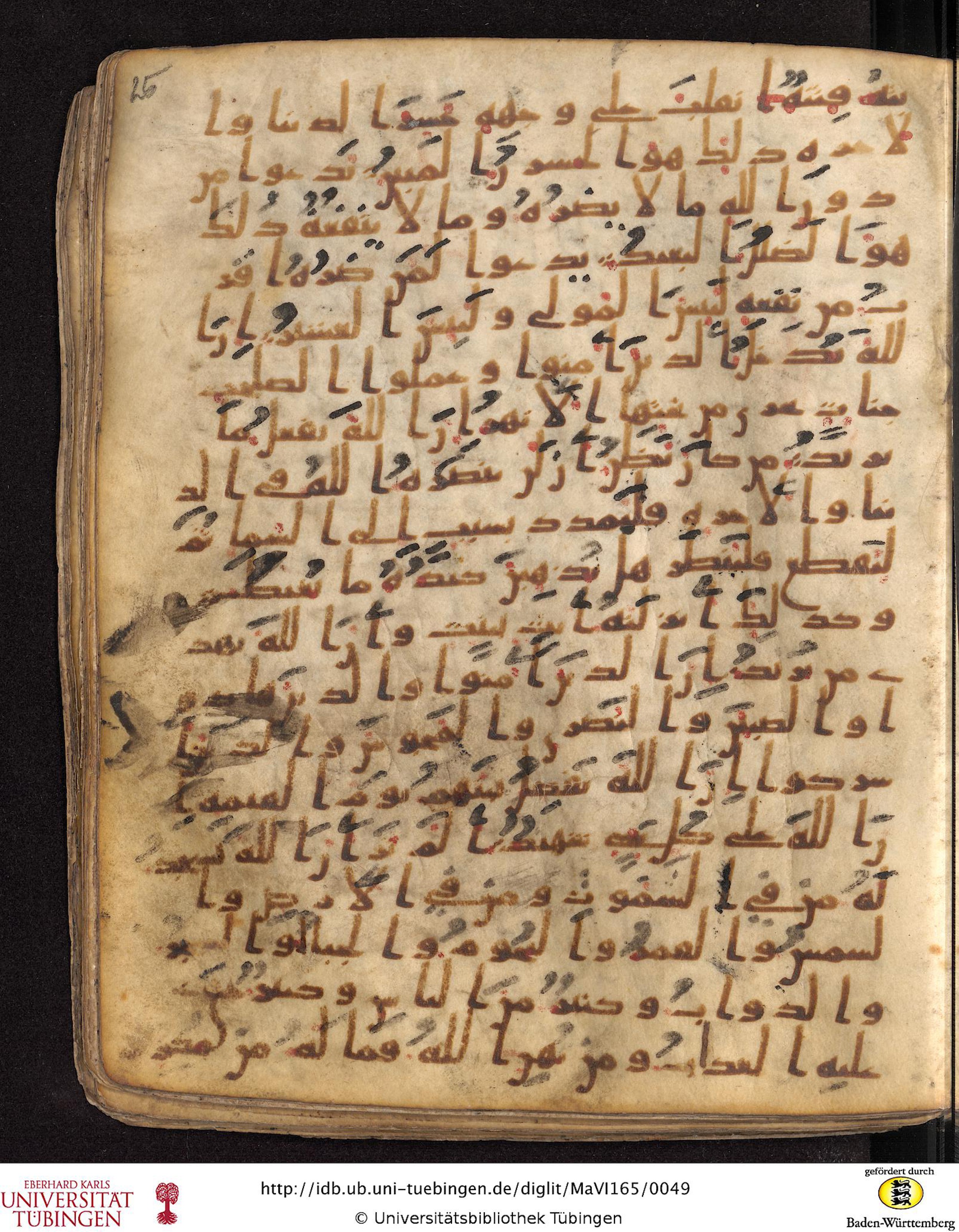 Staatsbibliothek zu Berlin, Ms. or. fol. 4313 (Scan 2), in Ḥiǧāzī (close to type II) script, showing Surah 22:13 from Mid to Late 7th Century AD found in Fustat (Old Cairo), Egypt, currently housed at Staatsbibliothek zu Berlin, Berlin