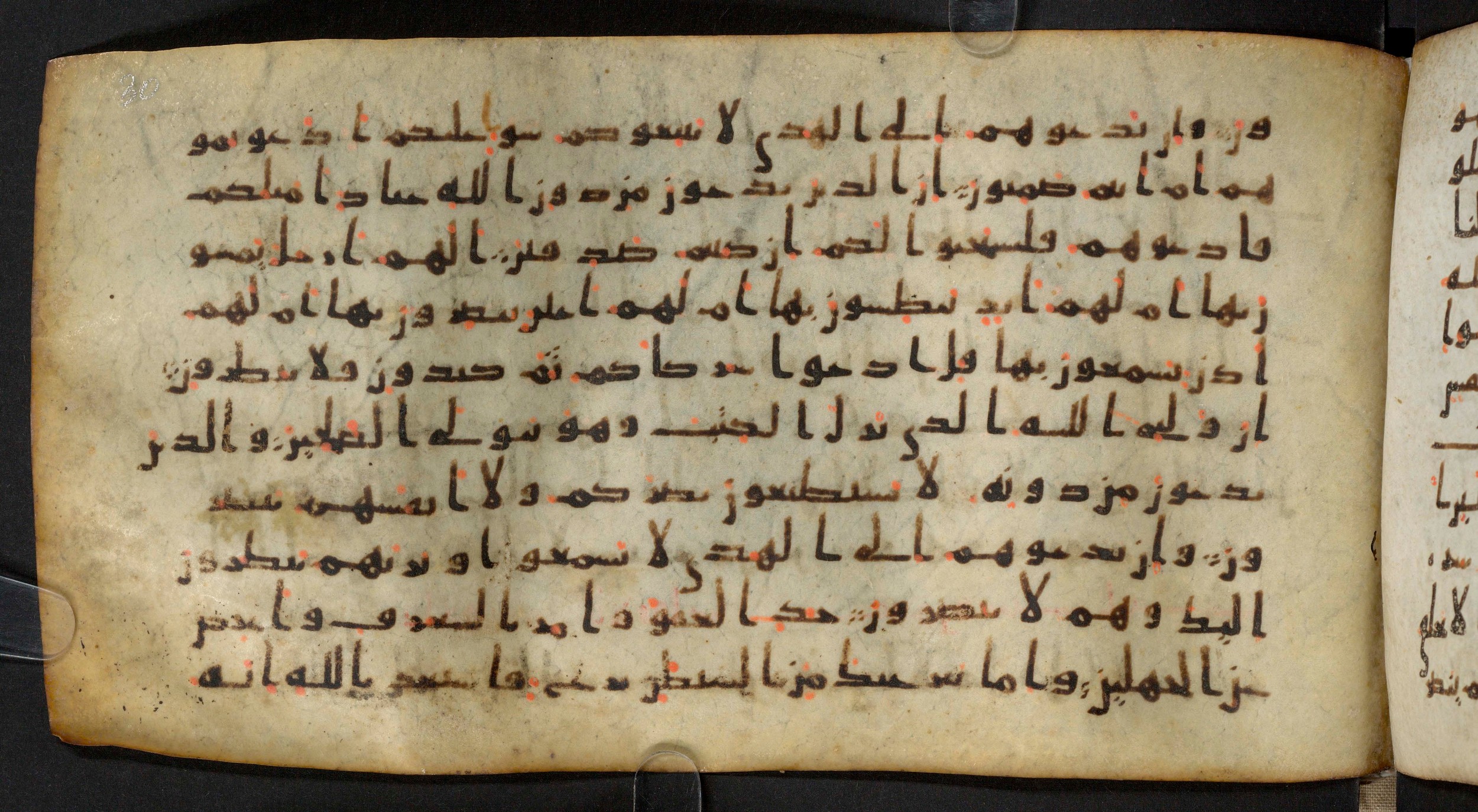 Staatsbibliothek zu Berlin, Ms. or. fol. 4313 (Scan 2), in Ḥiǧāzī (close to type II) script, showing Surah 7:199 from Mid to Late 7th Century AD found in Fustat (Old Cairo), Egypt, currently housed at Staatsbibliothek zu Berlin, Berlin