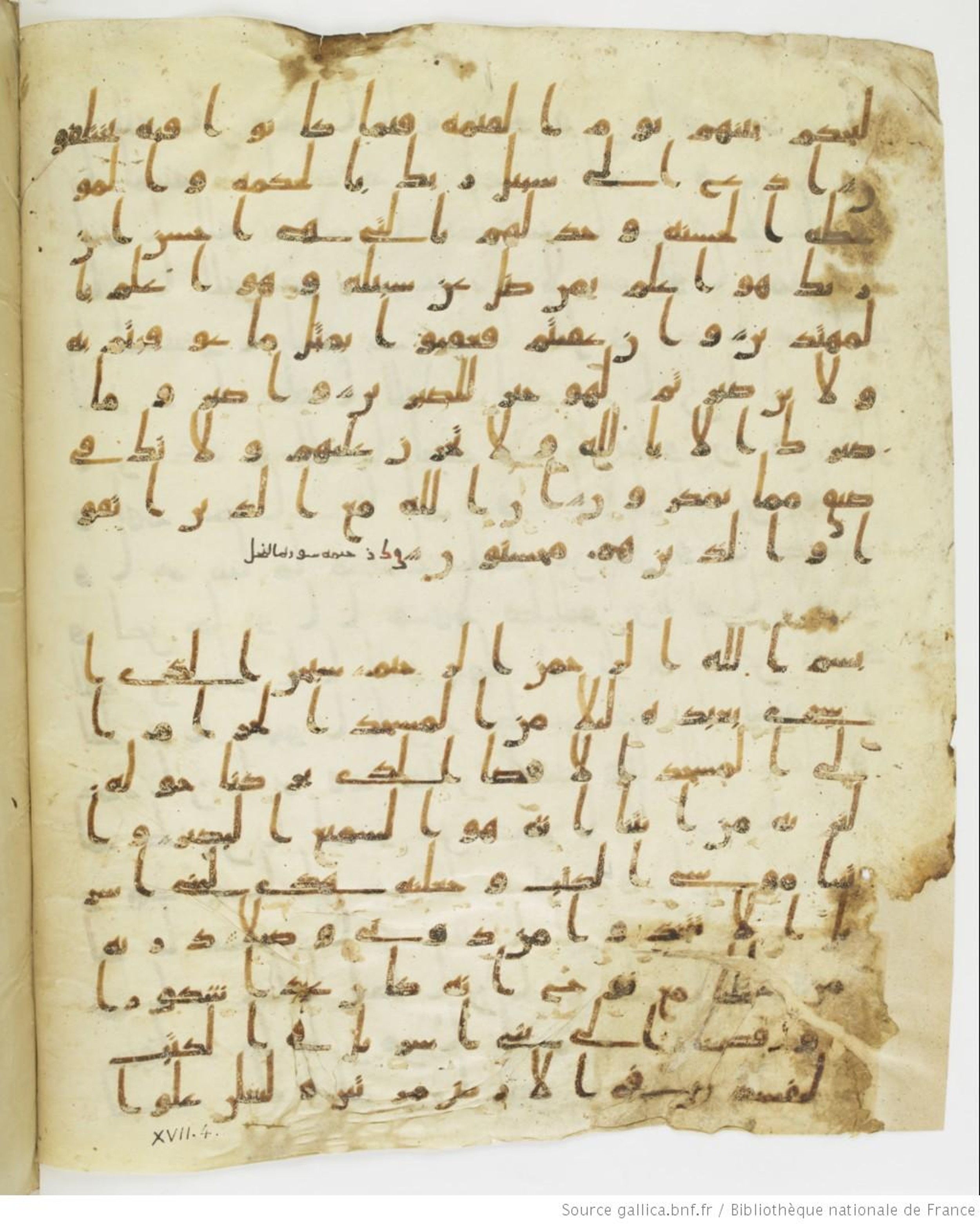 Staatsbibliothek zu Berlin, Ms. or. fol. 4313 (Scan 3), in Ḥiǧāzī (close to type II) script, showing Surah 17:3 from Mid to Late 7th Century AD found in Fustat (Old Cairo), Egypt, currently housed at Staatsbibliothek zu Berlin, Berlin