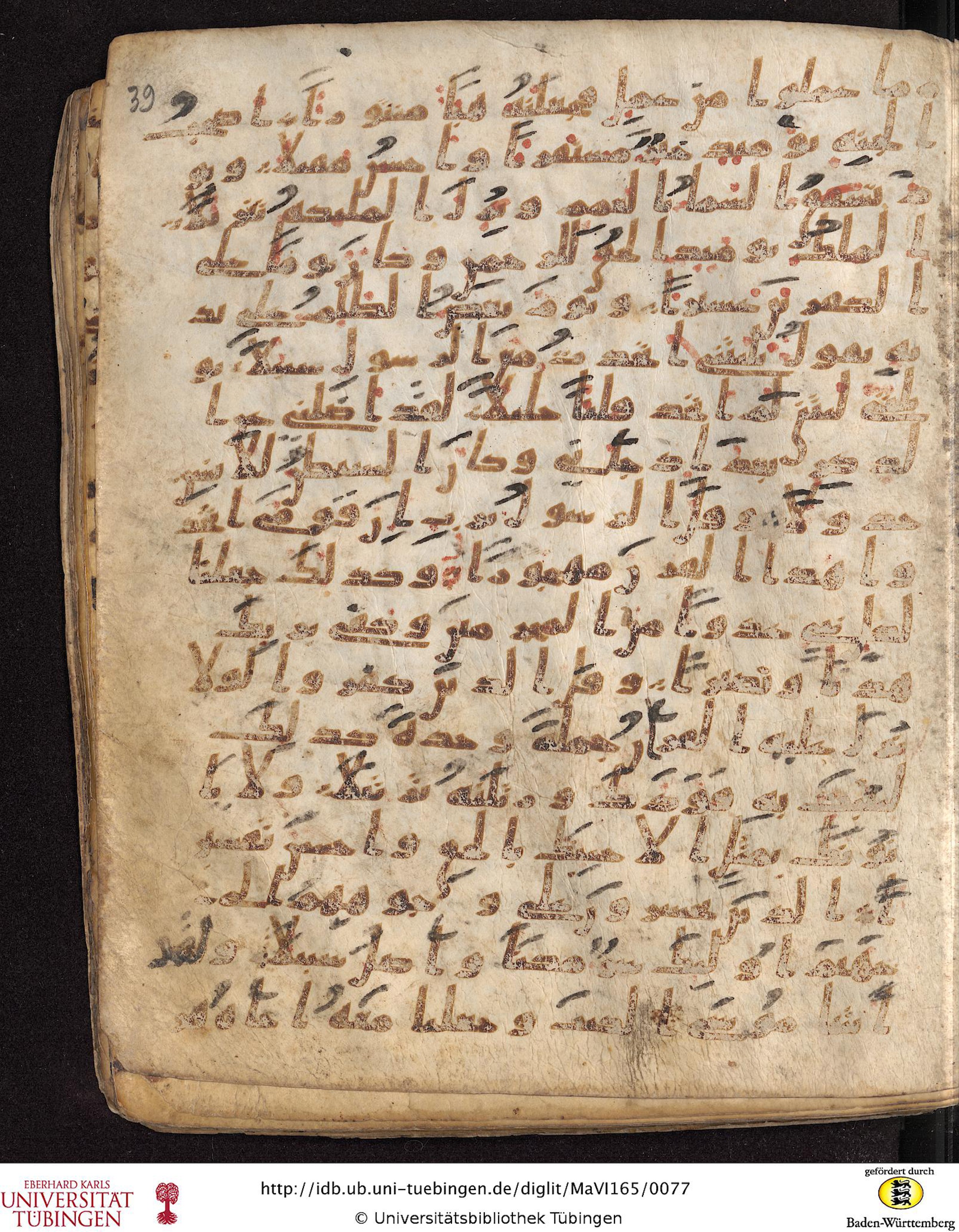 Staatsbibliothek zu Berlin, Ms. or. fol. 4313 (Scan 4), in Ḥiǧāzī (close to type II) script, showing Surah 25:33 from Mid to Late 7th Century AD found in Fustat (Old Cairo), Egypt, currently housed at Staatsbibliothek zu Berlin, Berlin