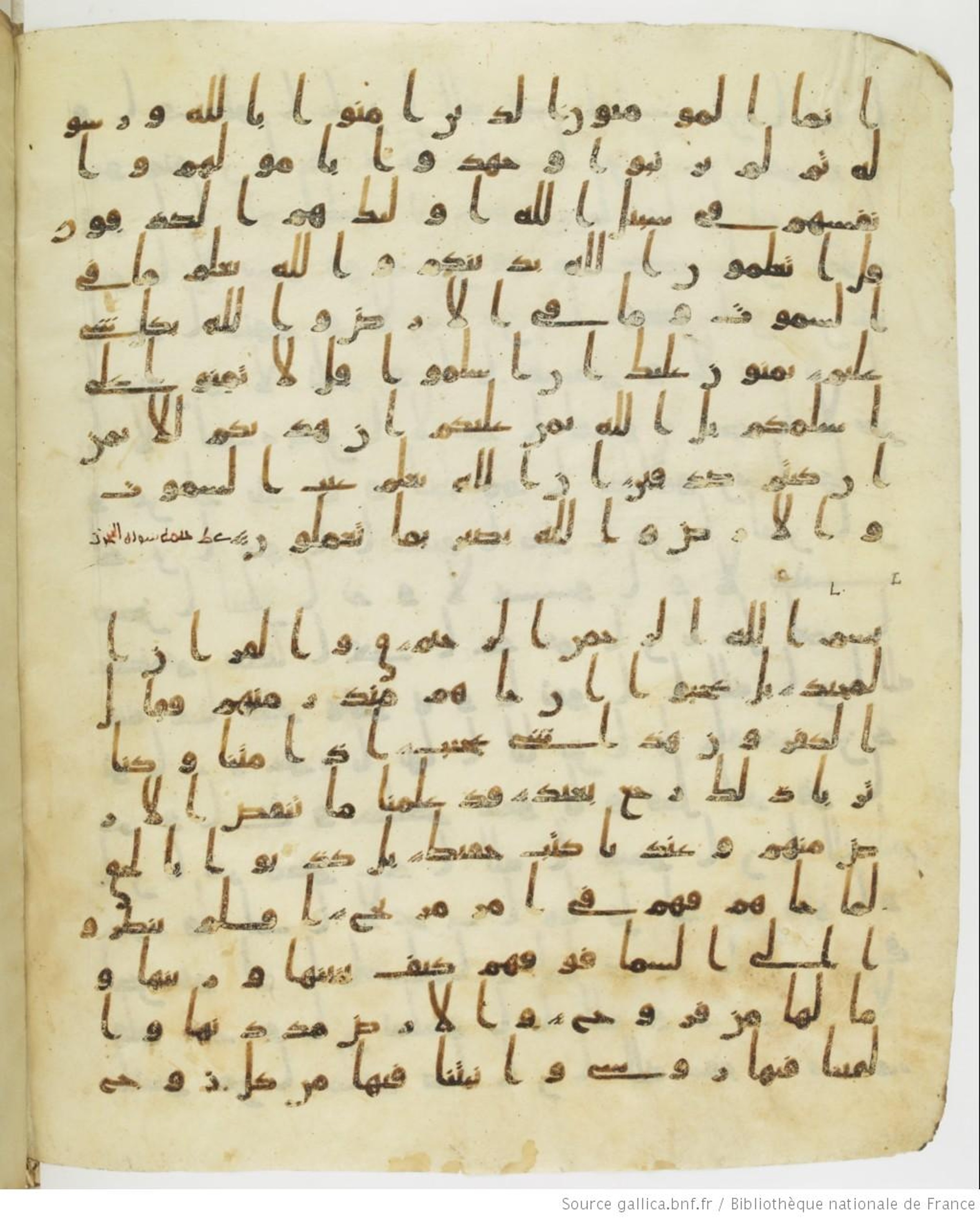 Staatsbibliothek zu Berlin, Ms. or. fol. 4313 (Scan 3), in Ḥiǧāzī (close to type II) script, showing Surah 49:18 from Mid to Late 7th Century AD found in Fustat (Old Cairo), Egypt, currently housed at Staatsbibliothek zu Berlin, Berlin