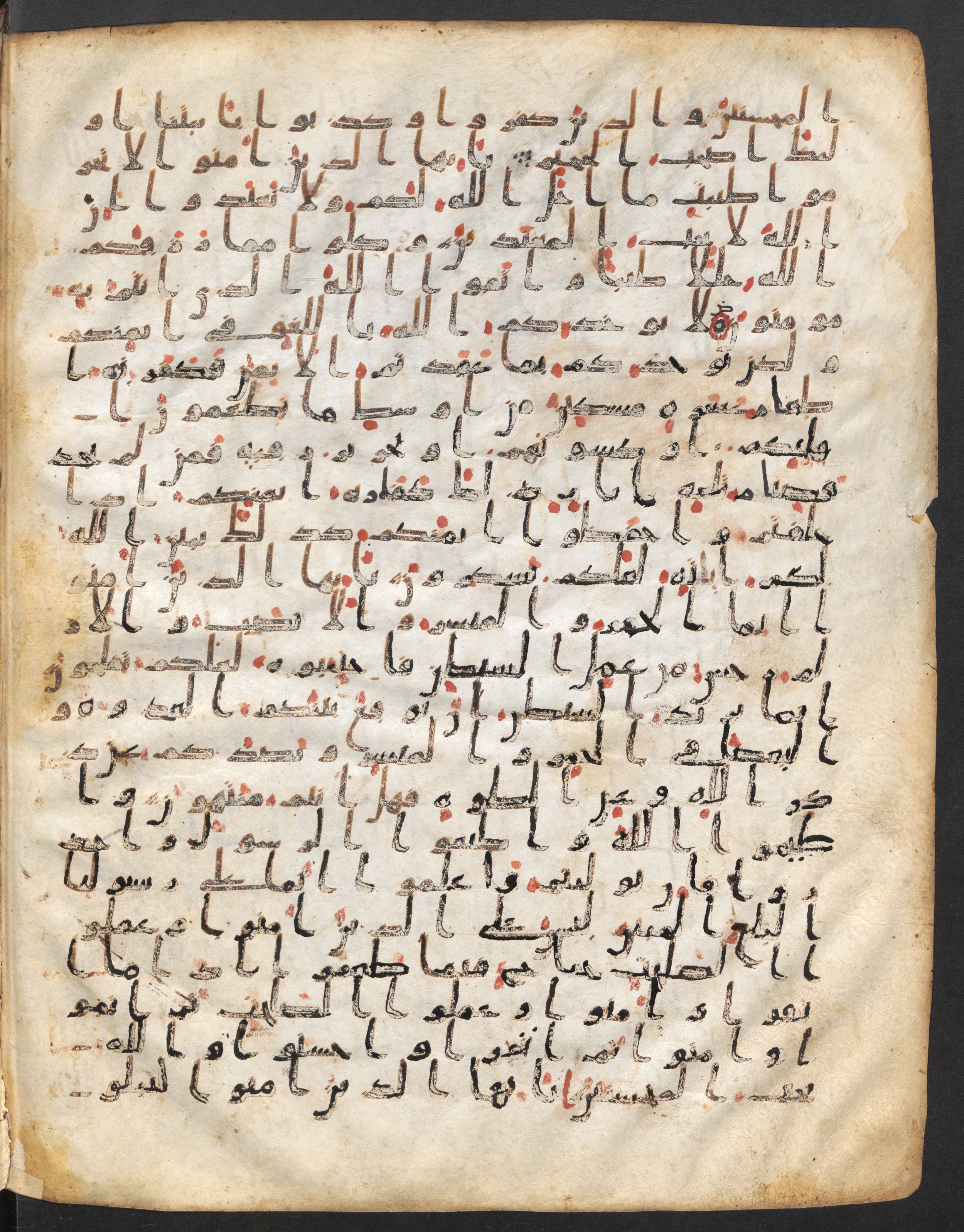 Staatsbibliothek zu Berlin, Ms. or. fol. 4313 (Scan 1), in Ḥiǧāzī (close to type II) script, showing Surah 5:87 from Mid to Late 7th Century AD found in Fustat (Old Cairo), Egypt, currently housed at Staatsbibliothek zu Berlin, Berlin