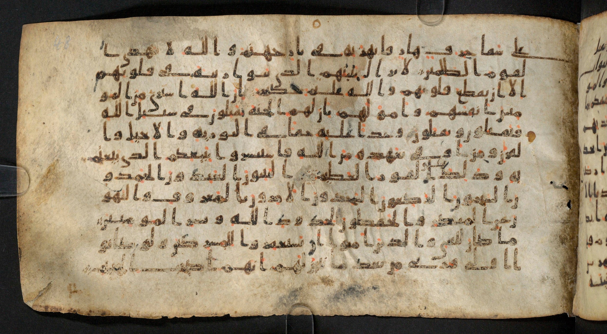 Staatsbibliothek zu Berlin, Ms. or. fol. 4313 (Scan 1), in Ḥiǧāzī (close to type II) script, showing Surah 9:113 from Mid to Late 7th Century AD found in Fustat (Old Cairo), Egypt, currently housed at Staatsbibliothek zu Berlin, Berlin
