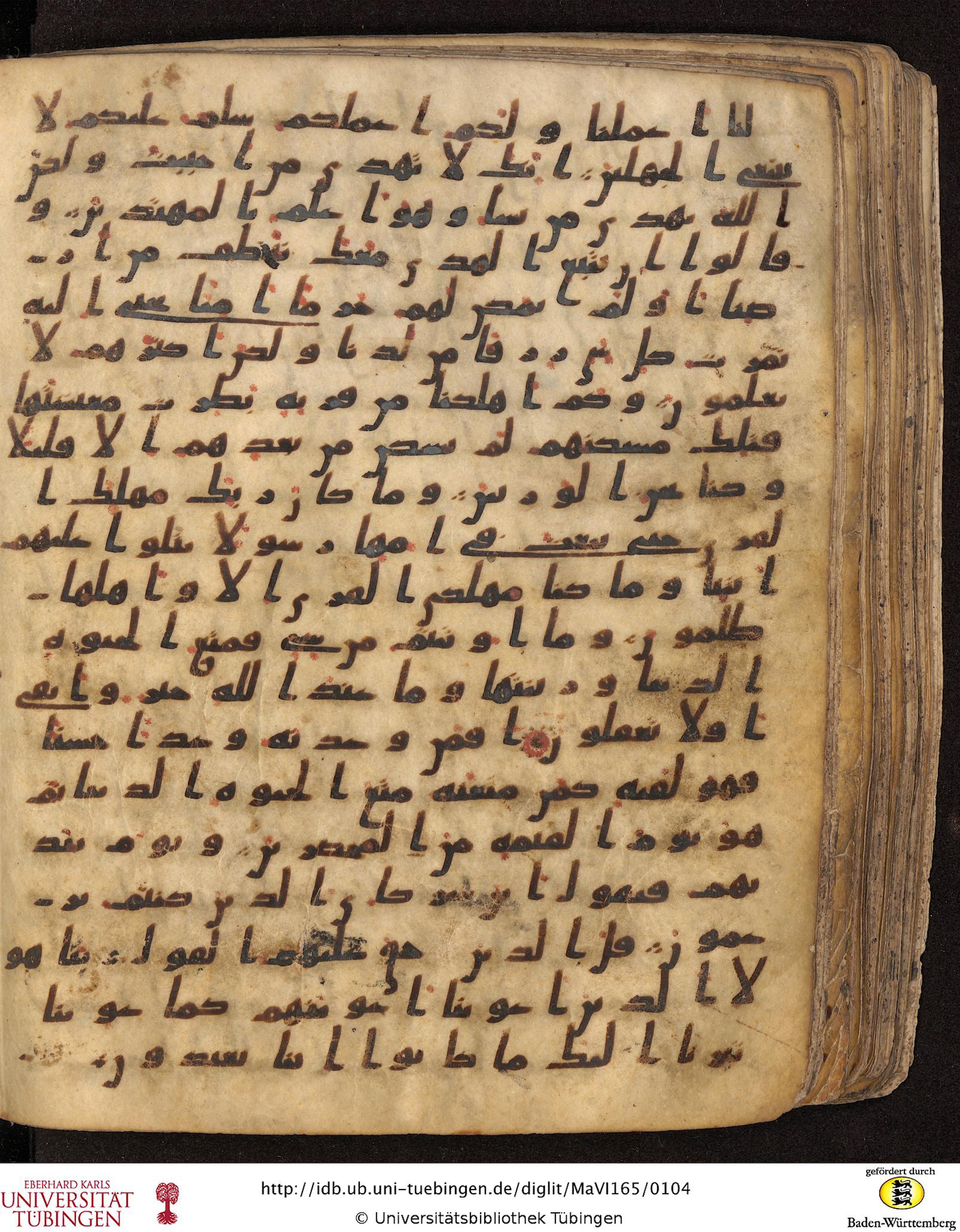 Staatsbibliothek zu Berlin, Ms. or. fol. 4313 (Scan 2), in Ḥiǧāzī (close to type II) script, showing Surah 28:59 from Mid to Late 7th Century AD found in Fustat (Old Cairo), Egypt, currently housed at Staatsbibliothek zu Berlin, Berlin
