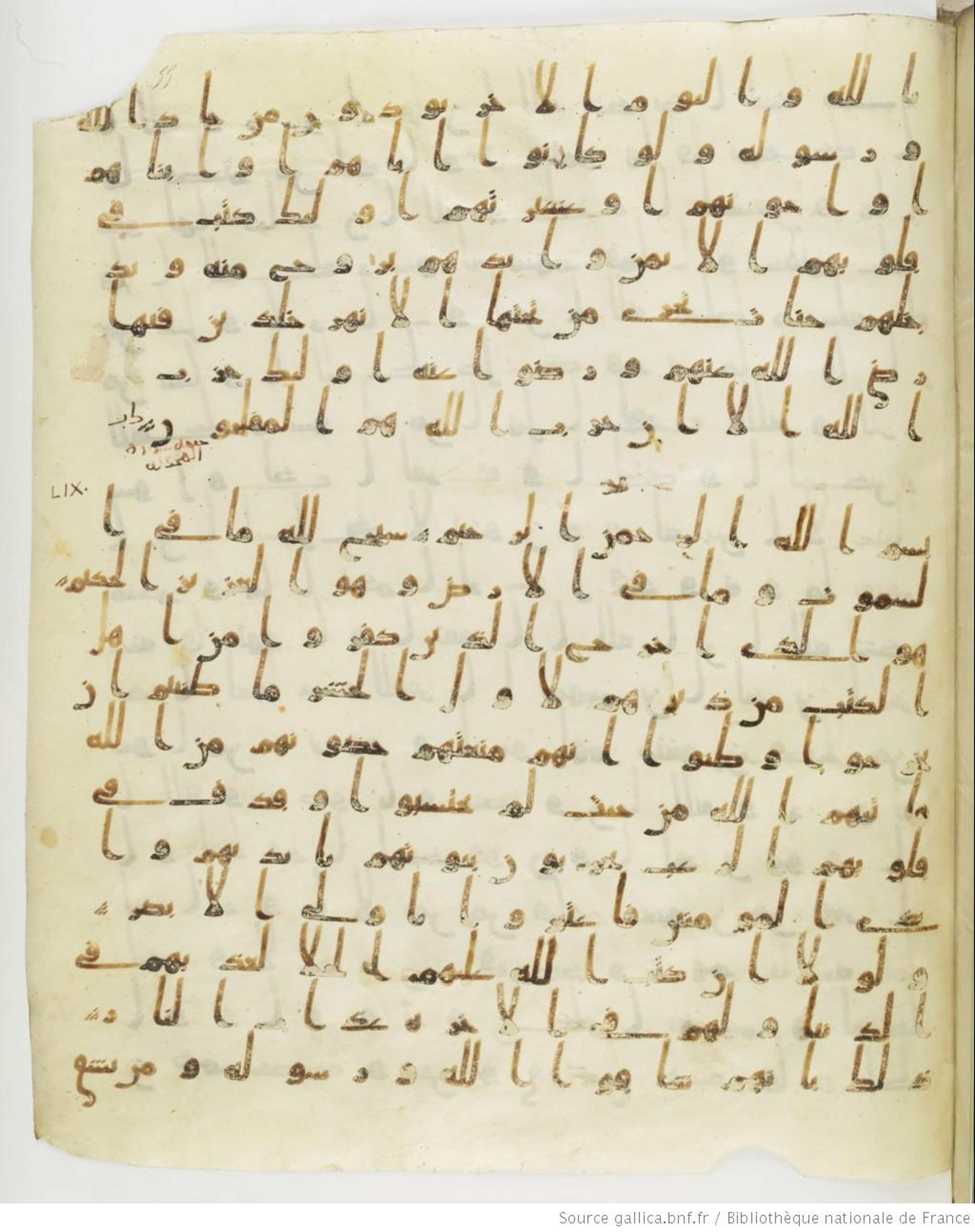 Staatsbibliothek zu Berlin, Ms. or. fol. 4313 (Scan 4), in Ḥiǧāzī (close to type II) script, showing Surah 59:3 from Mid to Late 7th Century AD found in Fustat (Old Cairo), Egypt, currently housed at Staatsbibliothek zu Berlin, Berlin