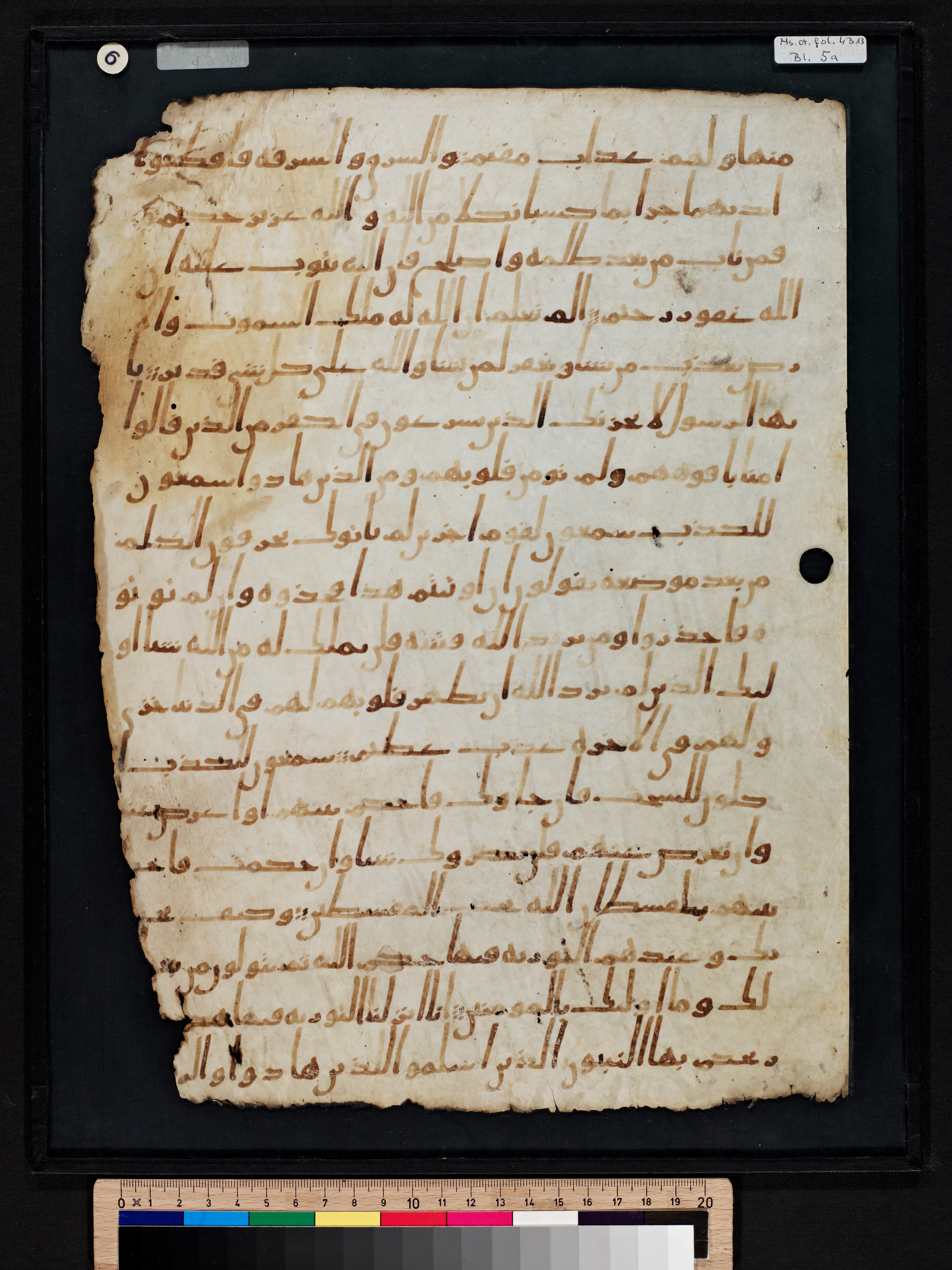 Staatsbibliothek zu Berlin, Ms. or. fol. 4313 (Scan 4), in Ḥiǧāzī (close to type II) script, showing Surah 5:39 from Mid to Late 7th Century AD found in Fustat (Old Cairo), Egypt, currently housed at Staatsbibliothek zu Berlin, Berlin
