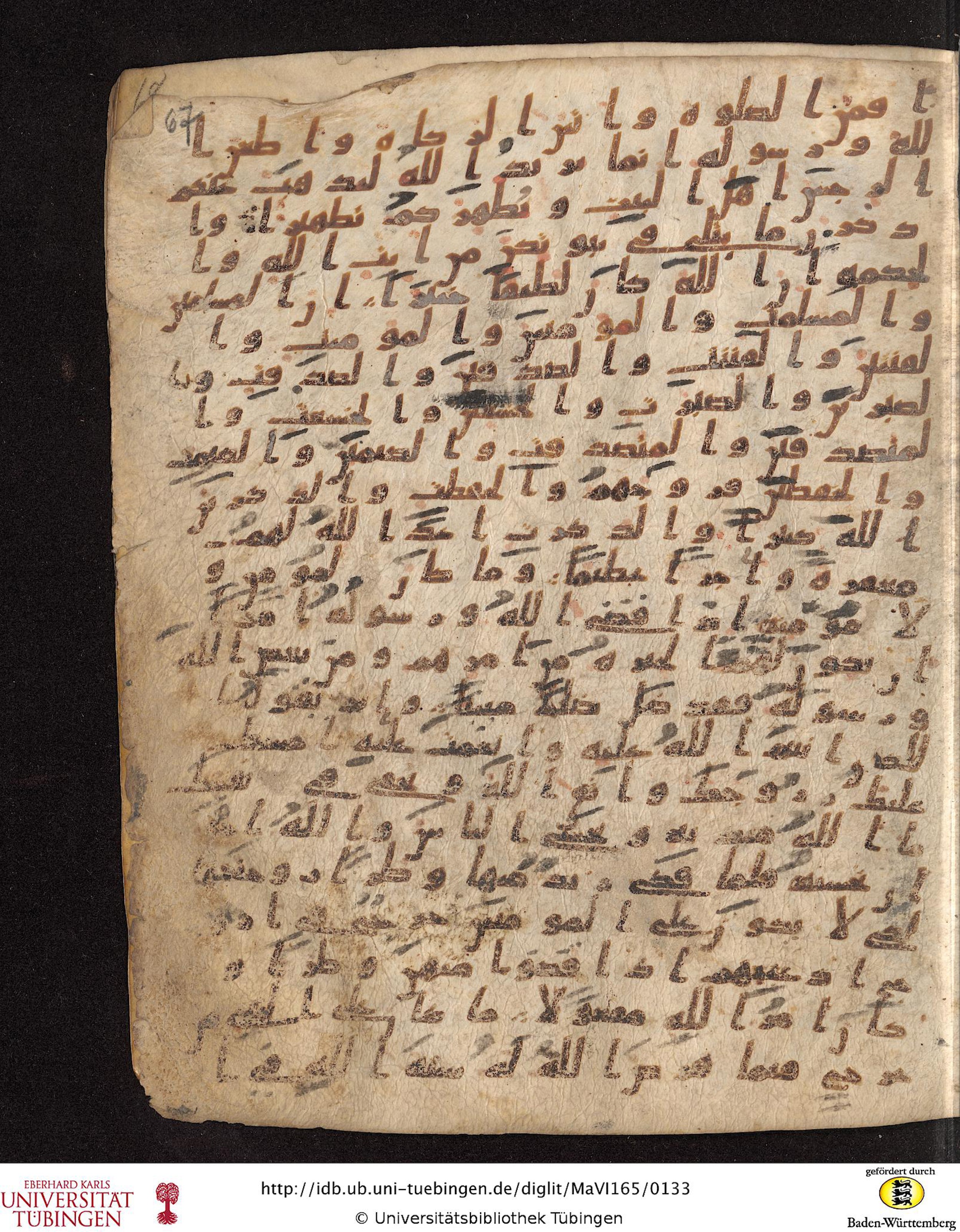 Staatsbibliothek zu Berlin, Ms. or. fol. 4313 (Scan 3), in Ḥiǧāzī (close to type II) script, showing Surah 33:37 from Mid to Late 7th Century AD found in Fustat (Old Cairo), Egypt, currently housed at Staatsbibliothek zu Berlin, Berlin