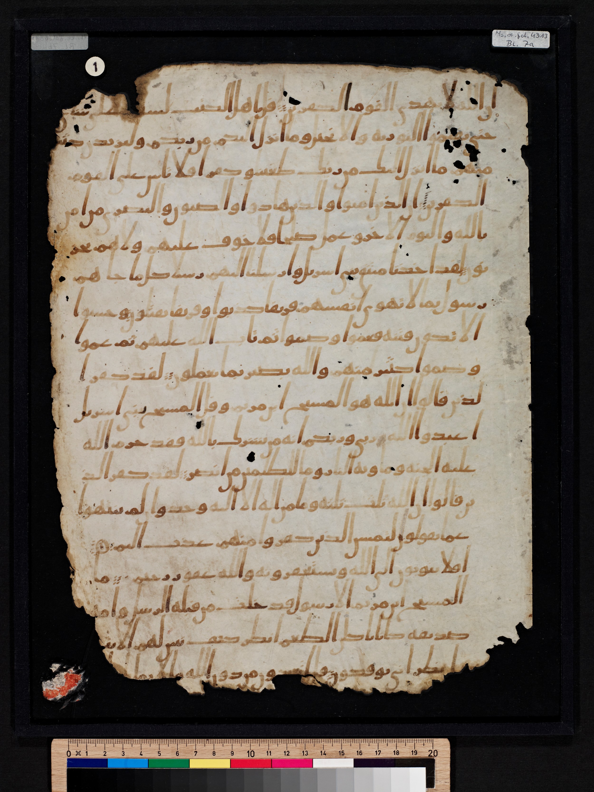 Staatsbibliothek zu Berlin, Ms. or. fol. 4313 (Scan 4), in Ḥiǧāzī (close to type II) script, showing Surah 5:71 from Mid to Late 7th Century AD found in Fustat (Old Cairo), Egypt, currently housed at Staatsbibliothek zu Berlin, Berlin