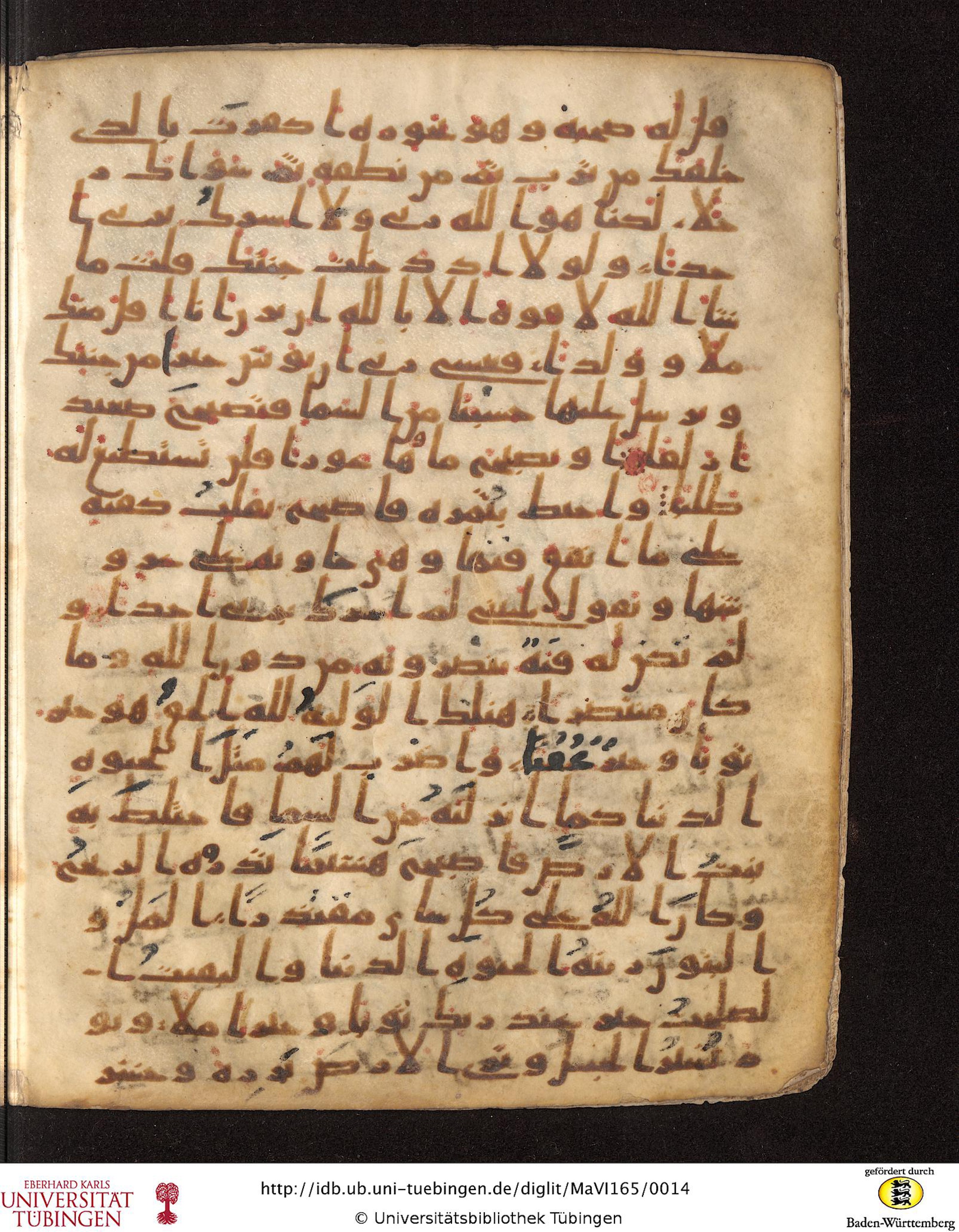 Staatsbibliothek zu Berlin, Ms. or. fol. 4313 (Scan 3), in Ḥiǧāzī (close to type II) script, showing Surah 18:39 from Mid to Late 7th Century AD found in Fustat (Old Cairo), Egypt, currently housed at Staatsbibliothek zu Berlin, Berlin