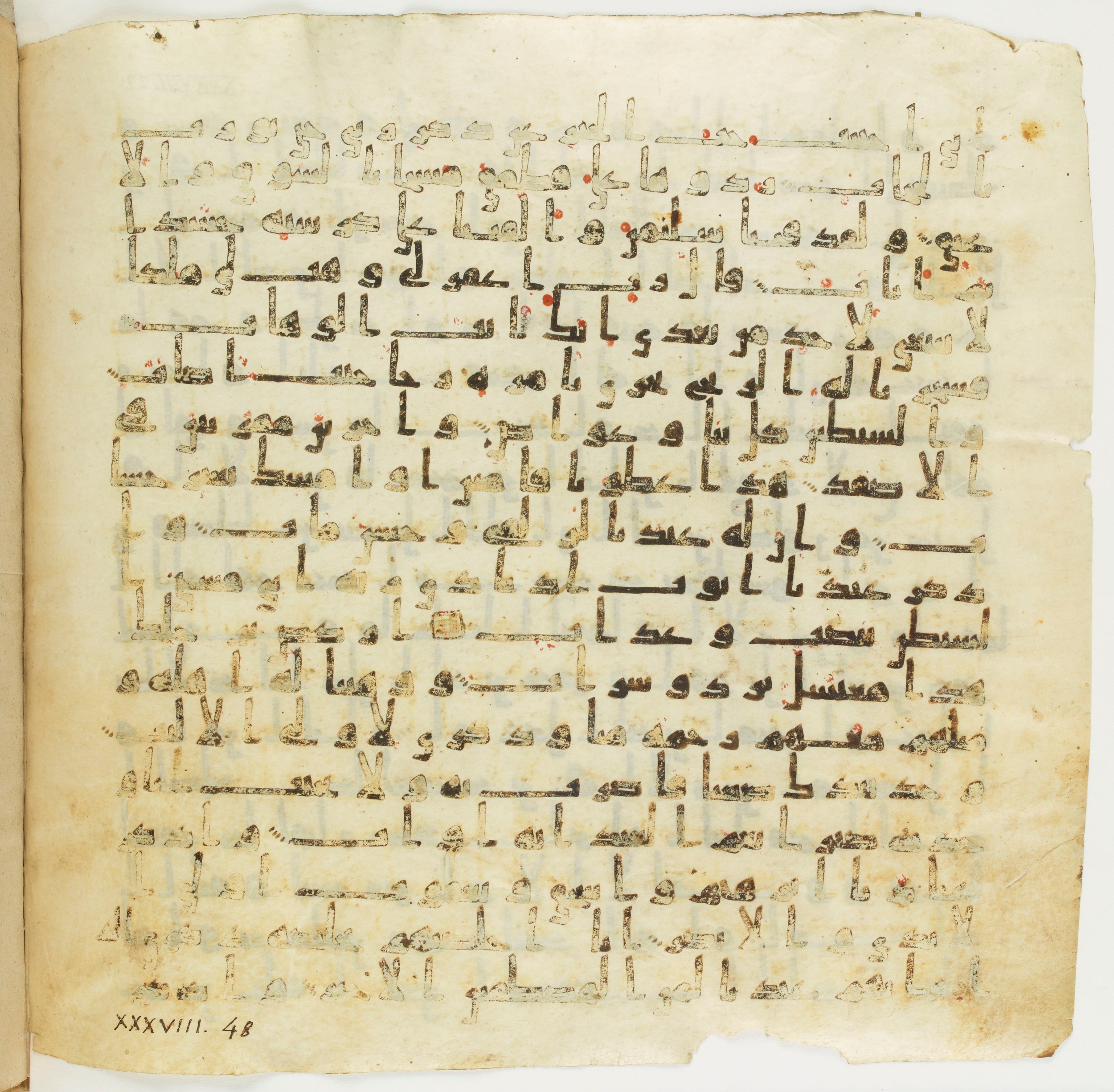 Staatsbibliothek zu Berlin, Ms. or. fol. 4313 (Scan 5), in Ḥiǧāzī (close to type II) script, showing Surah 38:39 from Mid to Late 7th Century AD found in Fustat (Old Cairo), Egypt, currently housed at Staatsbibliothek zu Berlin, Berlin