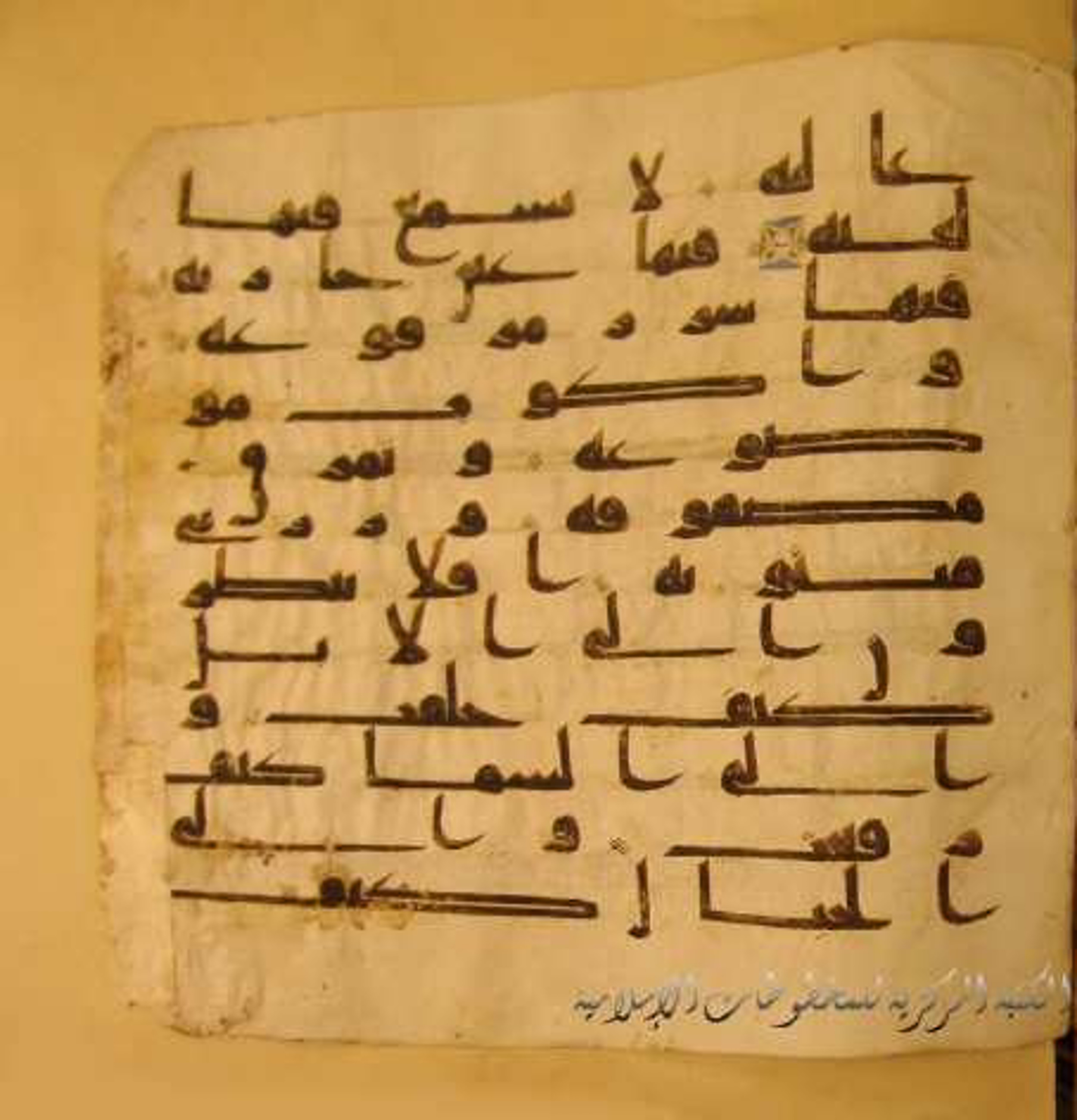 Paris, Bibliothèque nationale de France, Arabe 324 (c), in Kufic C (Graphie C I a) script, showing Surah 88:13 from 8th Century AD found in Fustat (Old Cairo), Egypt, currently housed at Bibliothèque nationale de France, Paris