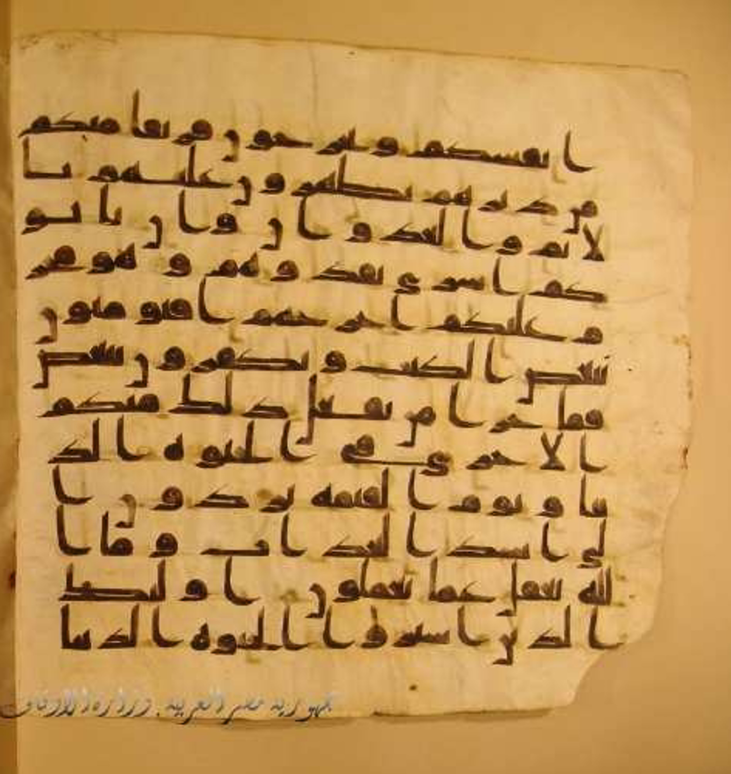 Paris, Bibliothèque nationale de France, Arabe 324 (c) (Scan 2), in Kufic C (Graphie C I a) script, showing Surah 2:85 from 8th Century AD found in Fustat (Old Cairo), Egypt, currently housed at Bibliothèque nationale de France, Paris