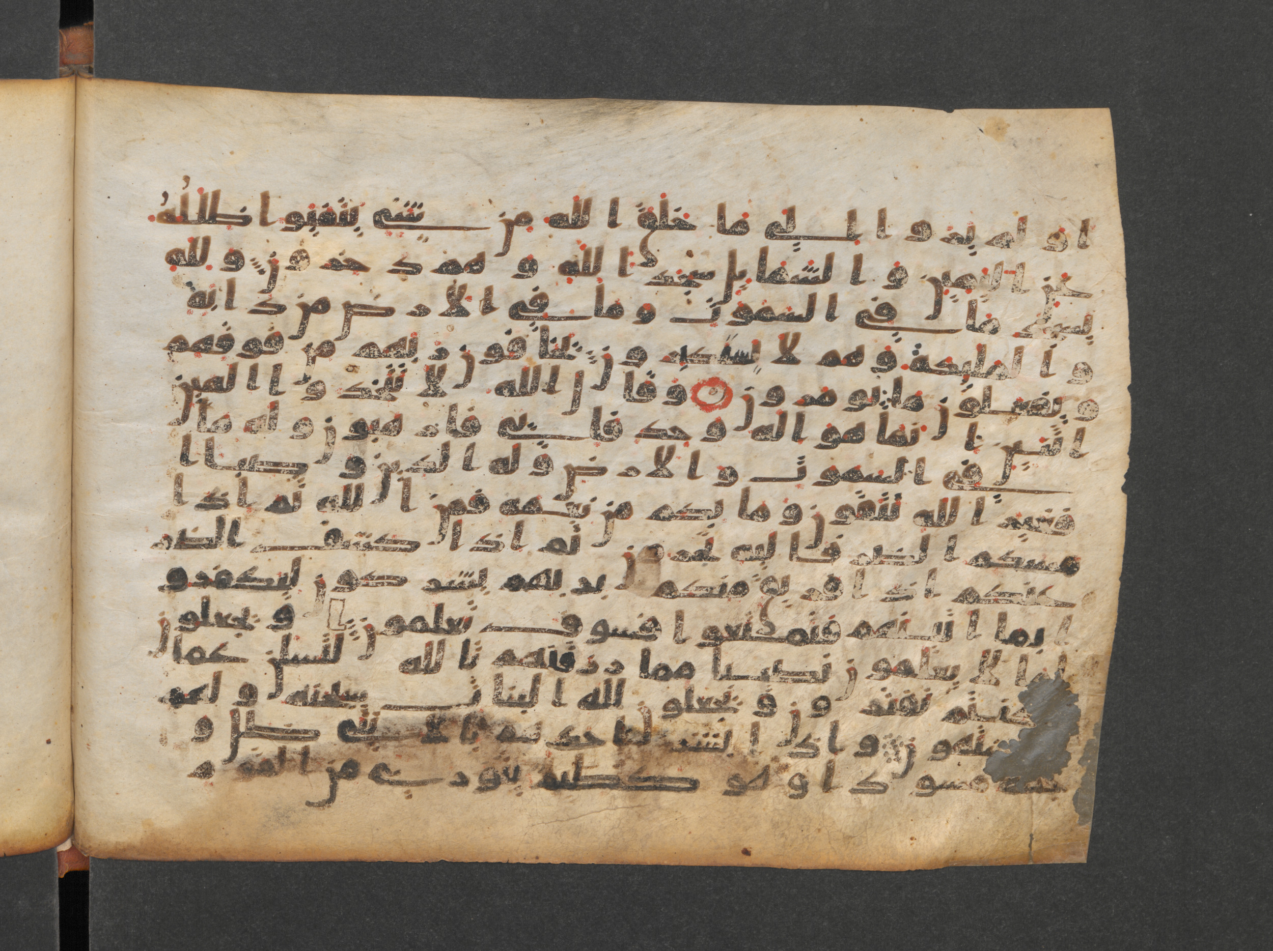 Paris, Bibliothèque nationale de France, Arabe 324 (c) (Scan 1), in Kufic C (Graphie C I a) script, showing Surah 16:53 from 8th Century AD found in Fustat (Old Cairo), Egypt, currently housed at Bibliothèque nationale de France, Paris