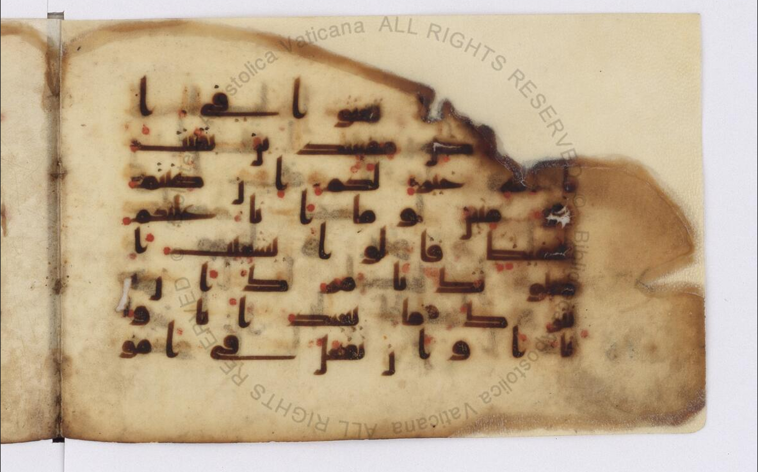 Paris, Bibliothèque nationale de France, Arabe 324 (c) (Scan 2), in Kufic C (Graphie C I a) script, showing Surah 11:85 from 8th Century AD found in Fustat (Old Cairo), Egypt, currently housed at Bibliothèque nationale de France, Paris