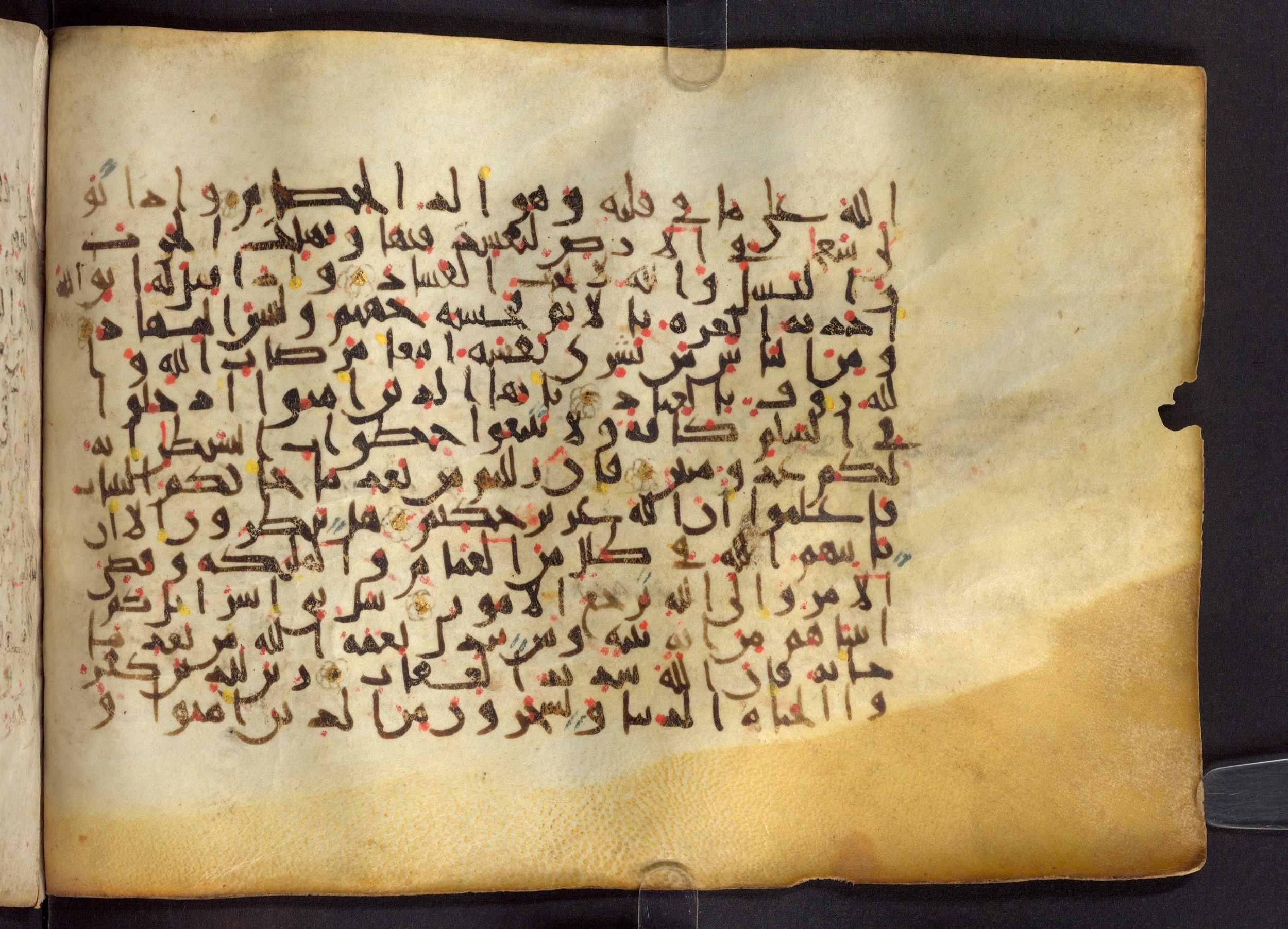 Paris, Bibliothèque nationale de France, Arabe 324 (c) (Scan 1), in Kufic C (Graphie C I a) script, showing Surah 2:205 from 8th Century AD found in Fustat (Old Cairo), Egypt, currently housed at Bibliothèque nationale de France, Paris