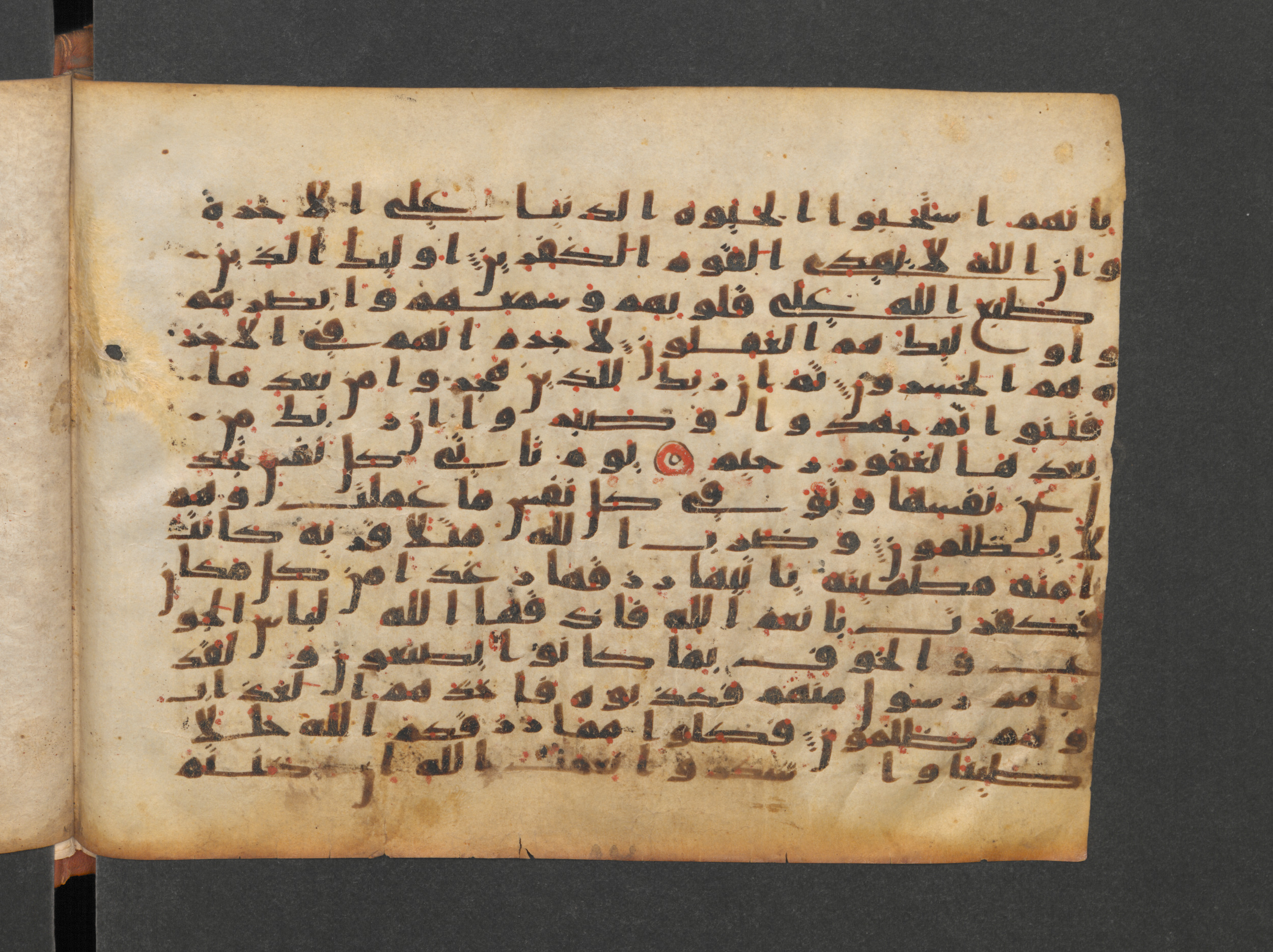 Paris, Bibliothèque nationale de France, Arabe 324 (c) (Scan 1), in Kufic C (Graphie C I a) script, showing Surah 16:113 from 8th Century AD found in Fustat (Old Cairo), Egypt, currently housed at Bibliothèque nationale de France, Paris