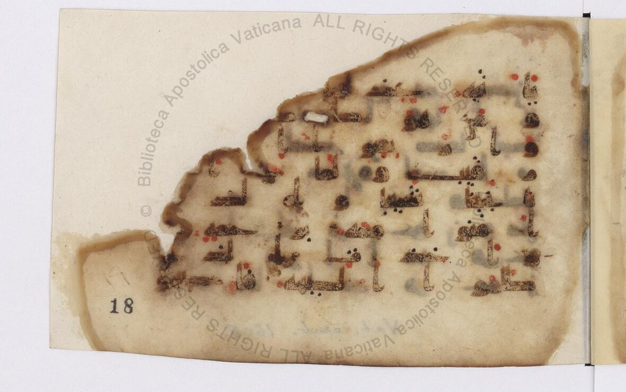 Paris, Bibliothèque nationale de France, Arabe 324 (c) (Scan 1), in Kufic C (Graphie C I a) script, showing Surah 11:94 from 8th Century AD found in Fustat (Old Cairo), Egypt, currently housed at Bibliothèque nationale de France, Paris