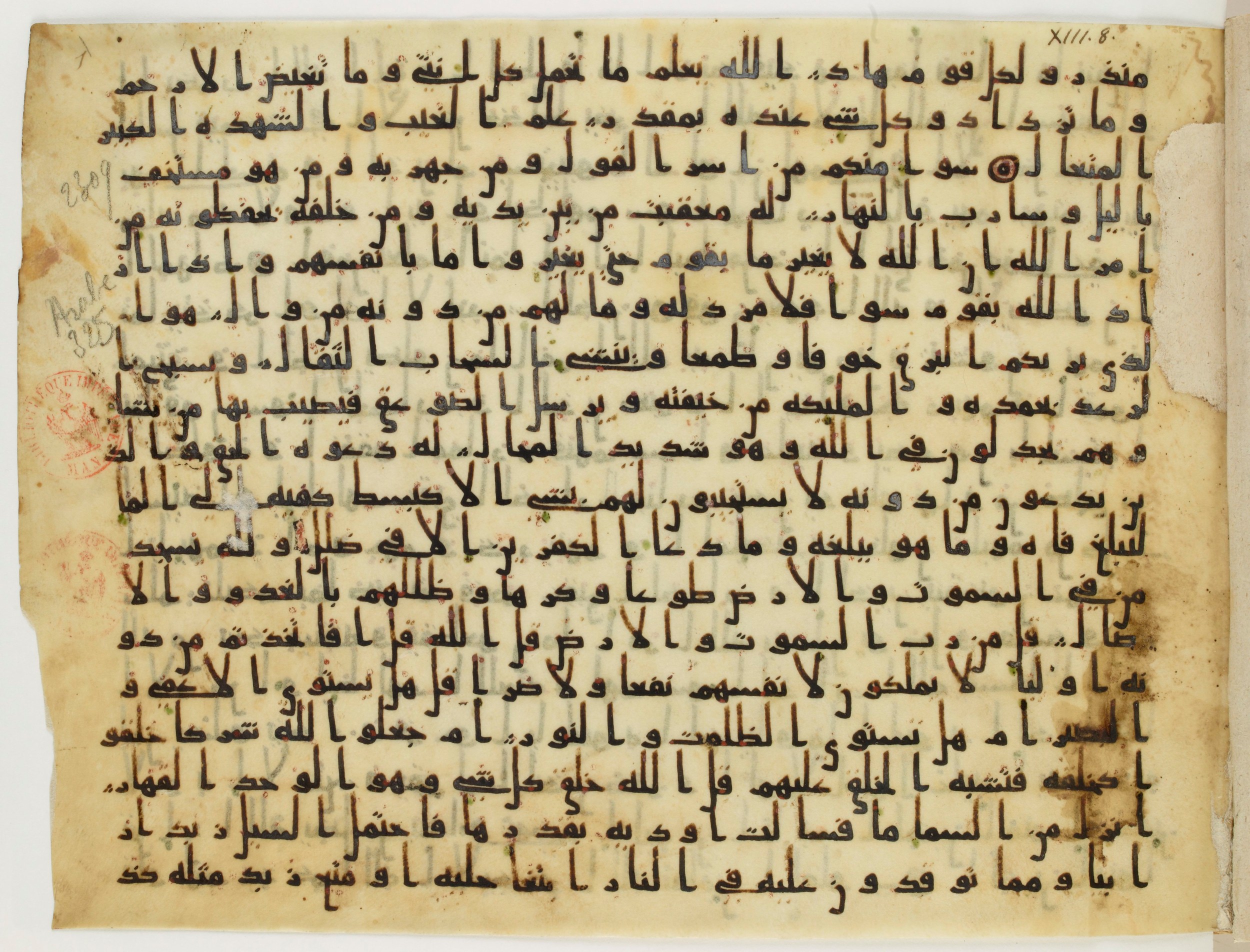 Paris, Bibliothèque nationale de France, Arabe 324 (c) (Scan 2), in Kufic C (Graphie C I a) script, showing Surah 13:13 from 8th Century AD found in Fustat (Old Cairo), Egypt, currently housed at Bibliothèque nationale de France, Paris