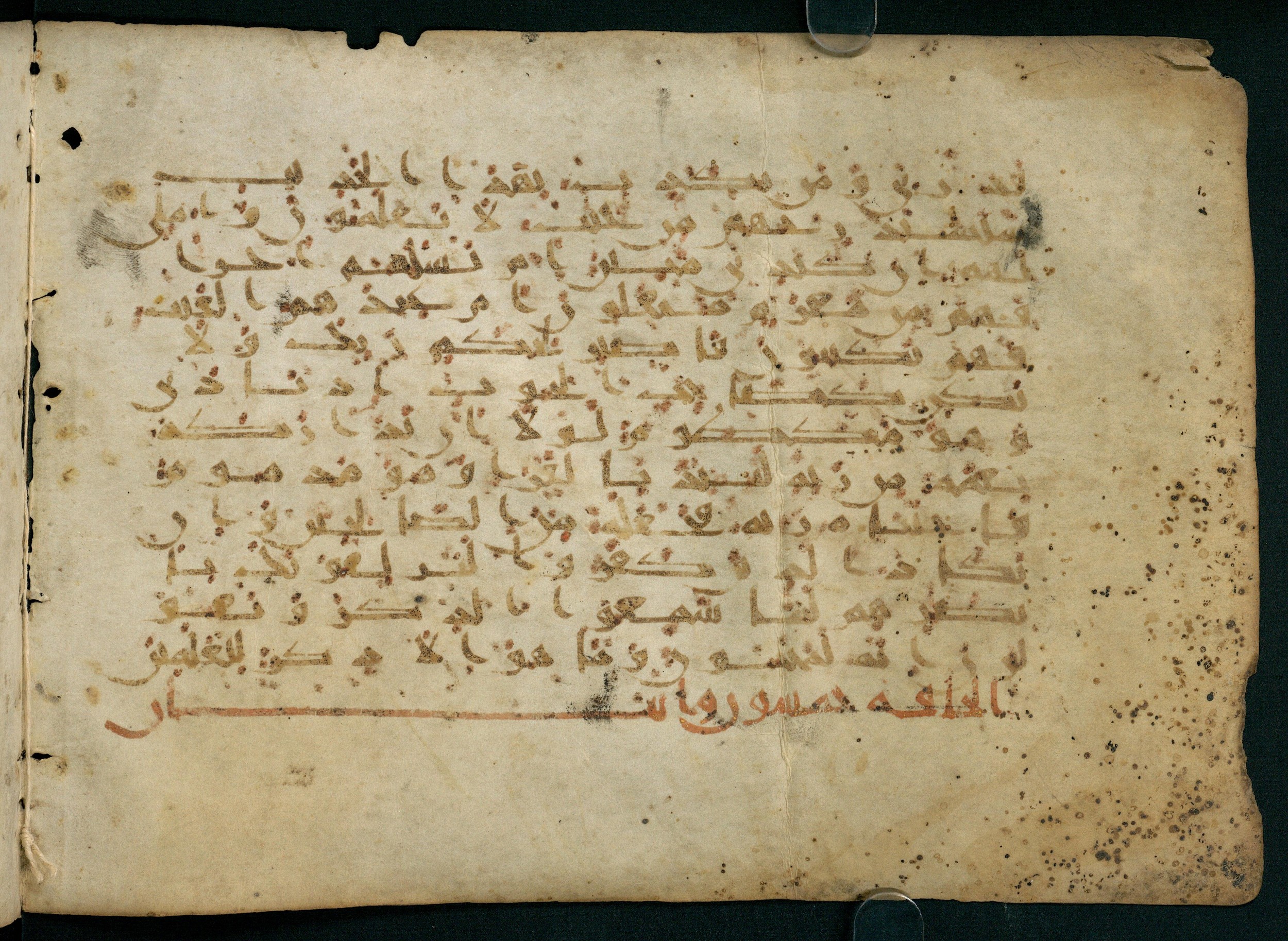 Paris, Bibliothèque nationale de France, Arabe 324 (c) (Scan 2), in Kufic C (Graphie C I a) script, showing Surah 68:49 from 8th Century AD found in Fustat (Old Cairo), Egypt, currently housed at Bibliothèque nationale de France, Paris