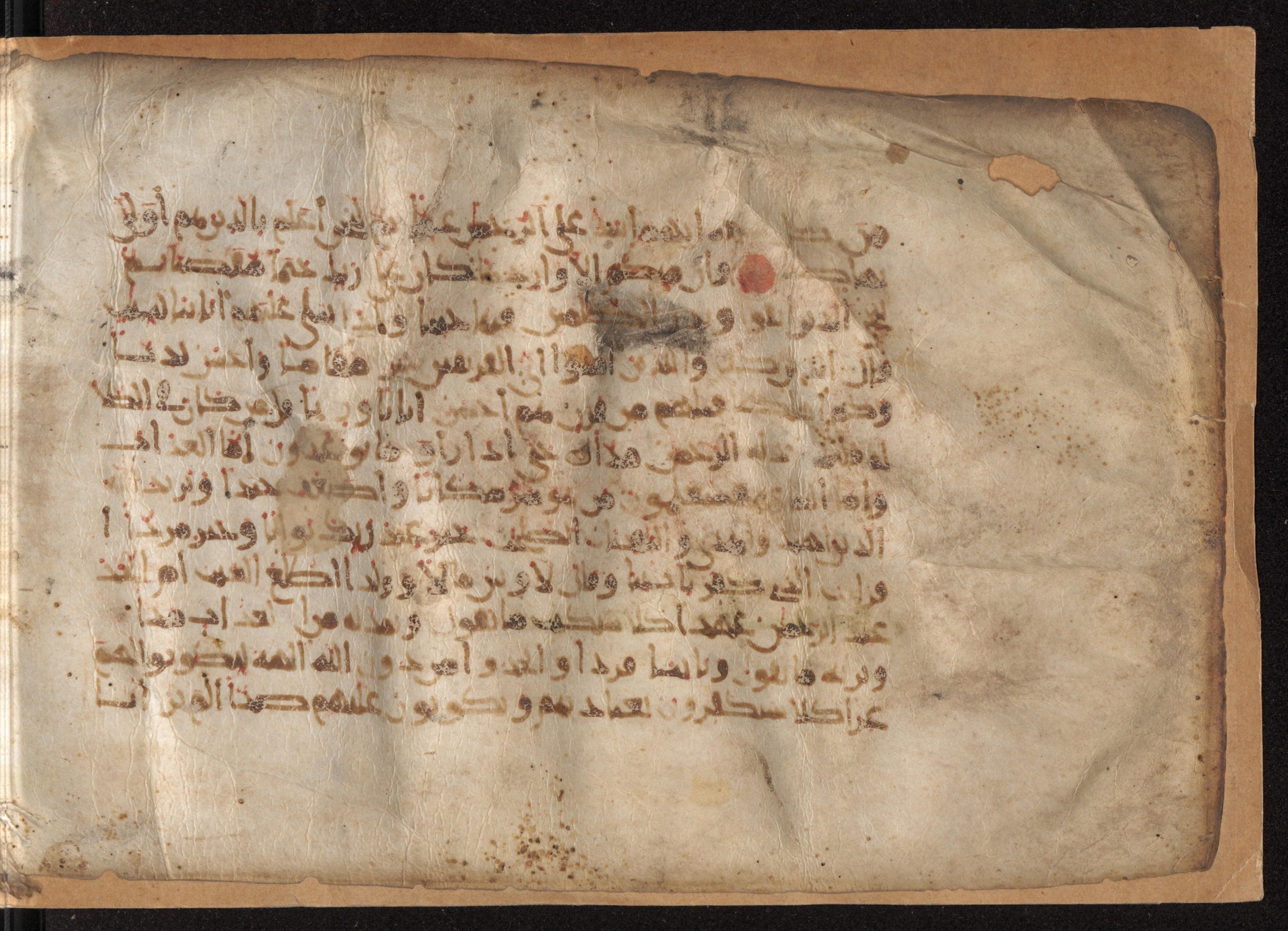 Paris, Bibliothèque nationale de France, Arabe 324 (c) (Scan 1), in Kufic C (Graphie C I a) script, showing Surah 19:83 from 8th Century AD found in Fustat (Old Cairo), Egypt, currently housed at Bibliothèque nationale de France, Paris