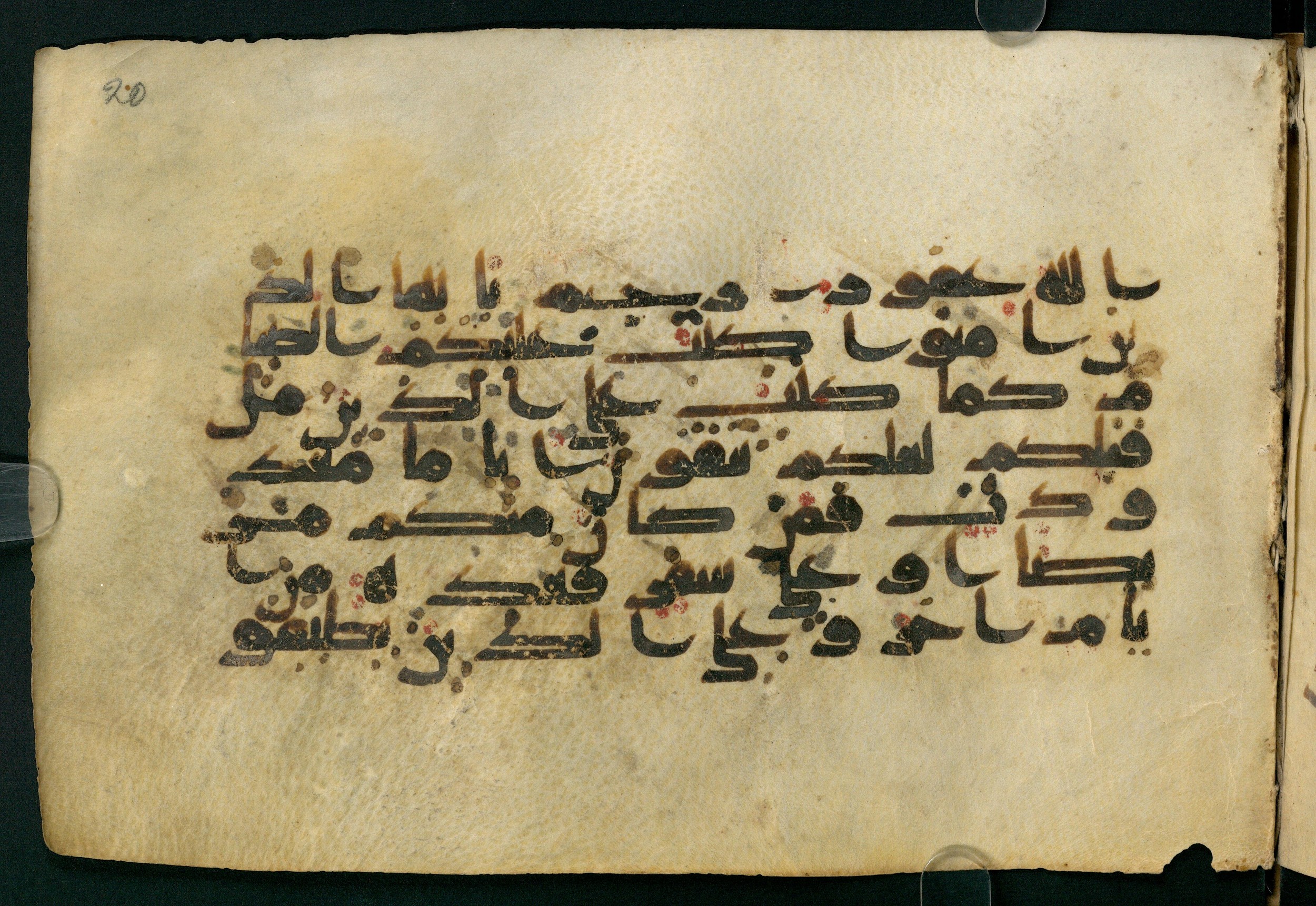 Paris, Bibliothèque nationale de France, Arabe 324 (c) (Scan 2), in Kufic C (Graphie C I a) script, showing Surah 2:183 from 8th Century AD found in Fustat (Old Cairo), Egypt, currently housed at Bibliothèque nationale de France, Paris