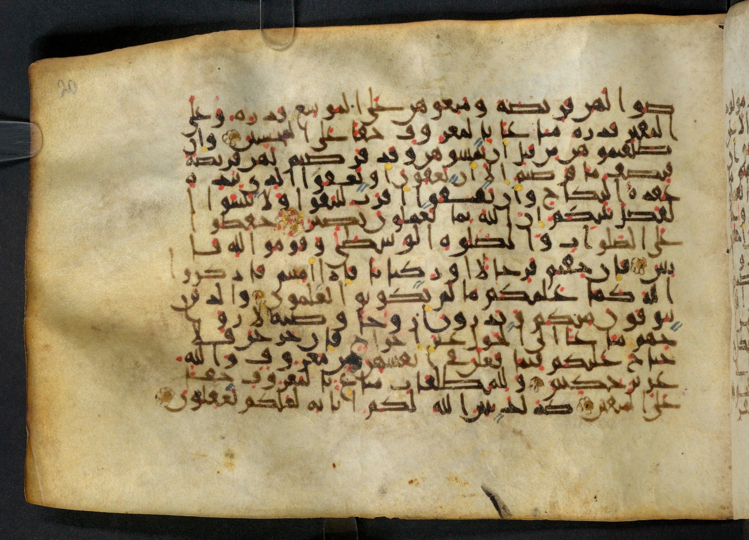 Paris, Bibliothèque nationale de France, Arabe 324 (c) (Scan 1), in Kufic C (Graphie C I a) script, showing Surah 2:239 from 8th Century AD found in Fustat (Old Cairo), Egypt, currently housed at Bibliothèque nationale de France, Paris