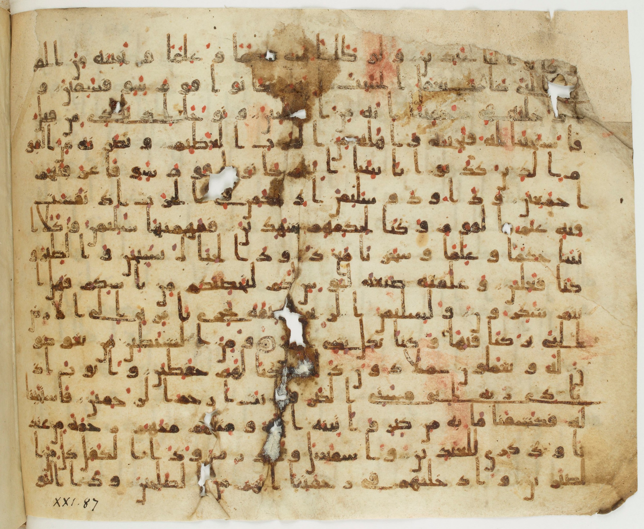 Paris, Bibliothèque nationale de France, Arabe 324 (c) (Scan 1), in Kufic C (Graphie C I a) script, showing Surah 21:83 from 8th Century AD found in Fustat (Old Cairo), Egypt, currently housed at Bibliothèque nationale de France, Paris