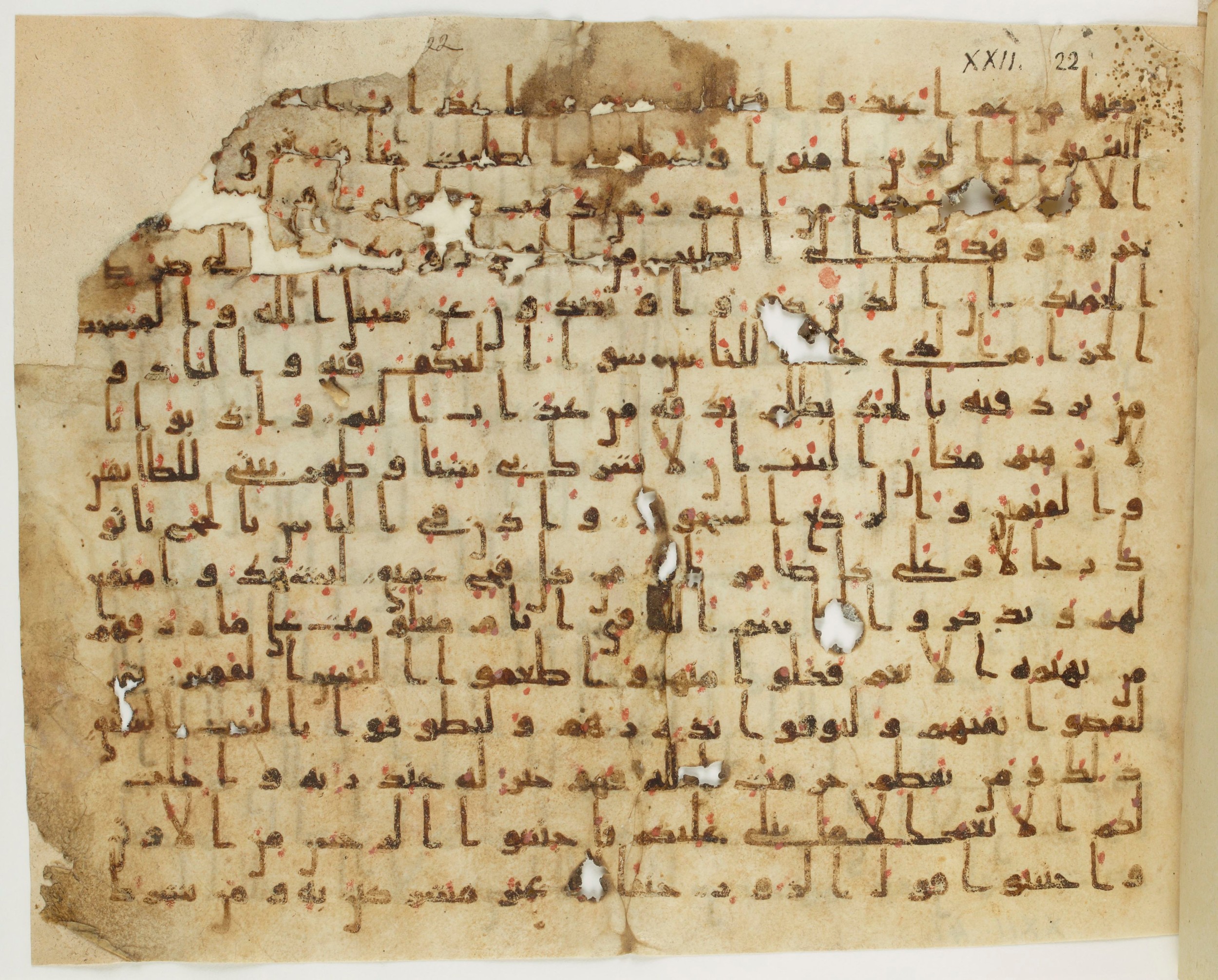 Paris, Bibliothèque nationale de France, Arabe 324 (c) (Scan 1), in Kufic C (Graphie C I a) script, showing Surah 22:29 from 8th Century AD found in Fustat (Old Cairo), Egypt, currently housed at Bibliothèque nationale de France, Paris