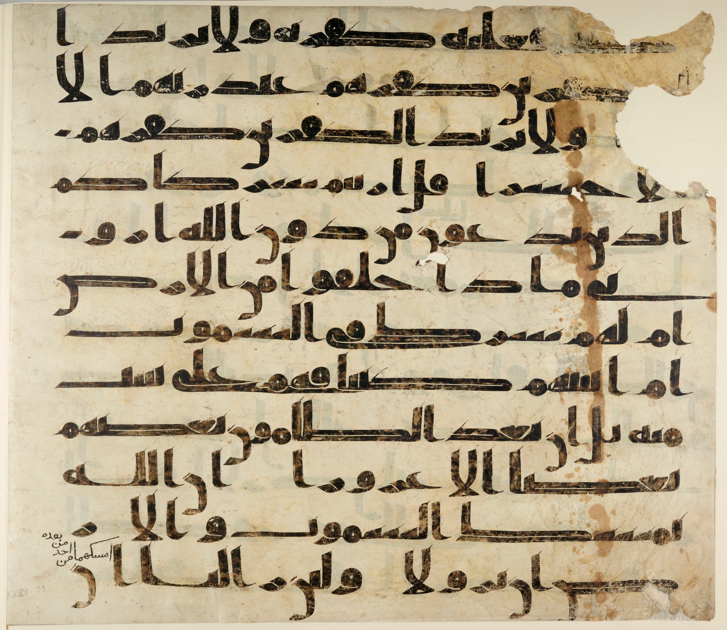 Paris, Bibliothèque nationale de France, Arabe 324 (c) (Scan 2), in Kufic C (Graphie C I a) script, showing Surah 35:39 from 8th Century AD found in Fustat (Old Cairo), Egypt, currently housed at Bibliothèque nationale de France, Paris
