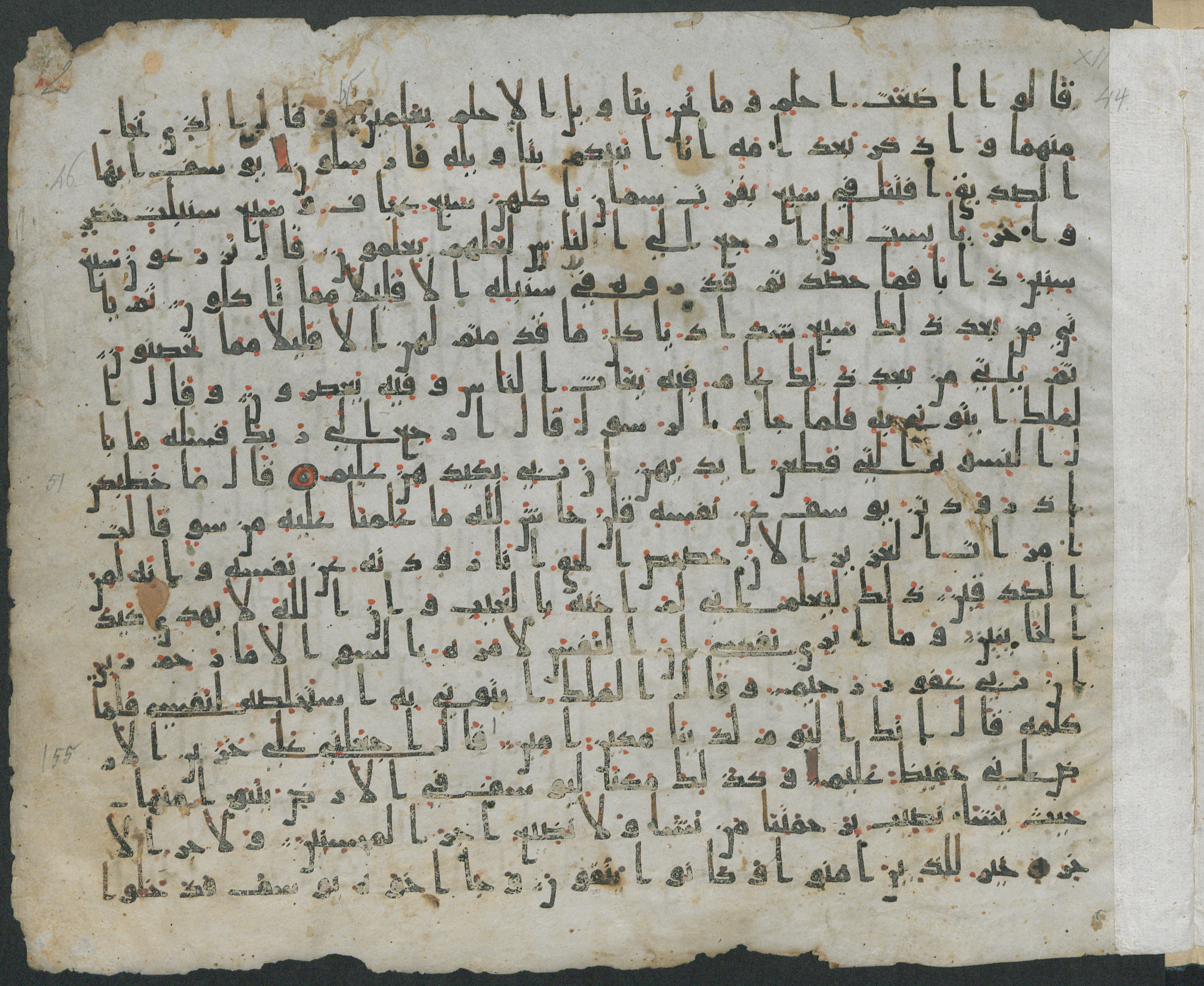Paris, Bibliothèque nationale de France, Arabe 324 (c) (Scan 1), in Kufic C (Graphie C I a) script, showing Surah 12:49 from 8th Century AD found in Fustat (Old Cairo), Egypt, currently housed at Bibliothèque nationale de France, Paris