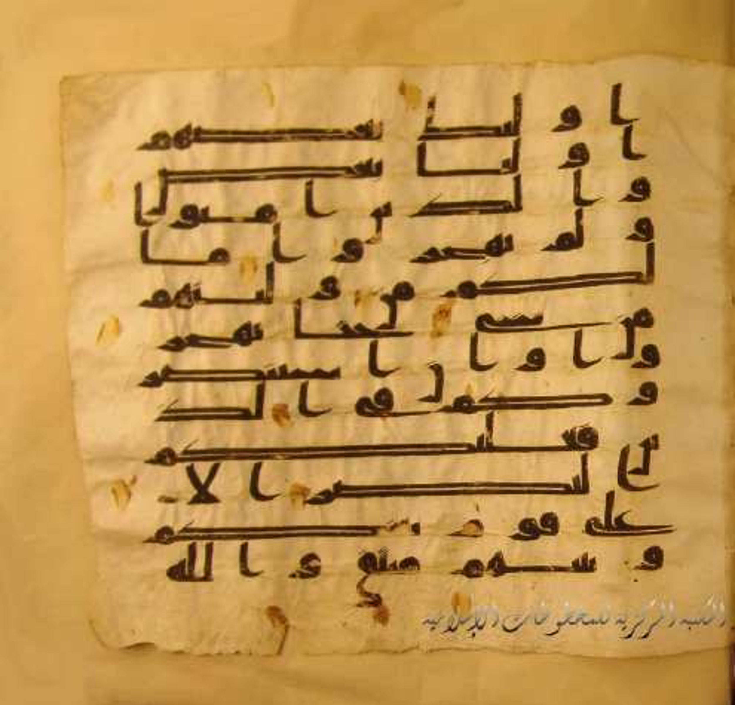 Paris, Bibliothèque nationale de France, Arabe 324 (c) (Scan 2), in Kufic C (Graphie C I a) script, showing Surah 8:72 from 8th Century AD found in Fustat (Old Cairo), Egypt, currently housed at Bibliothèque nationale de France, Paris