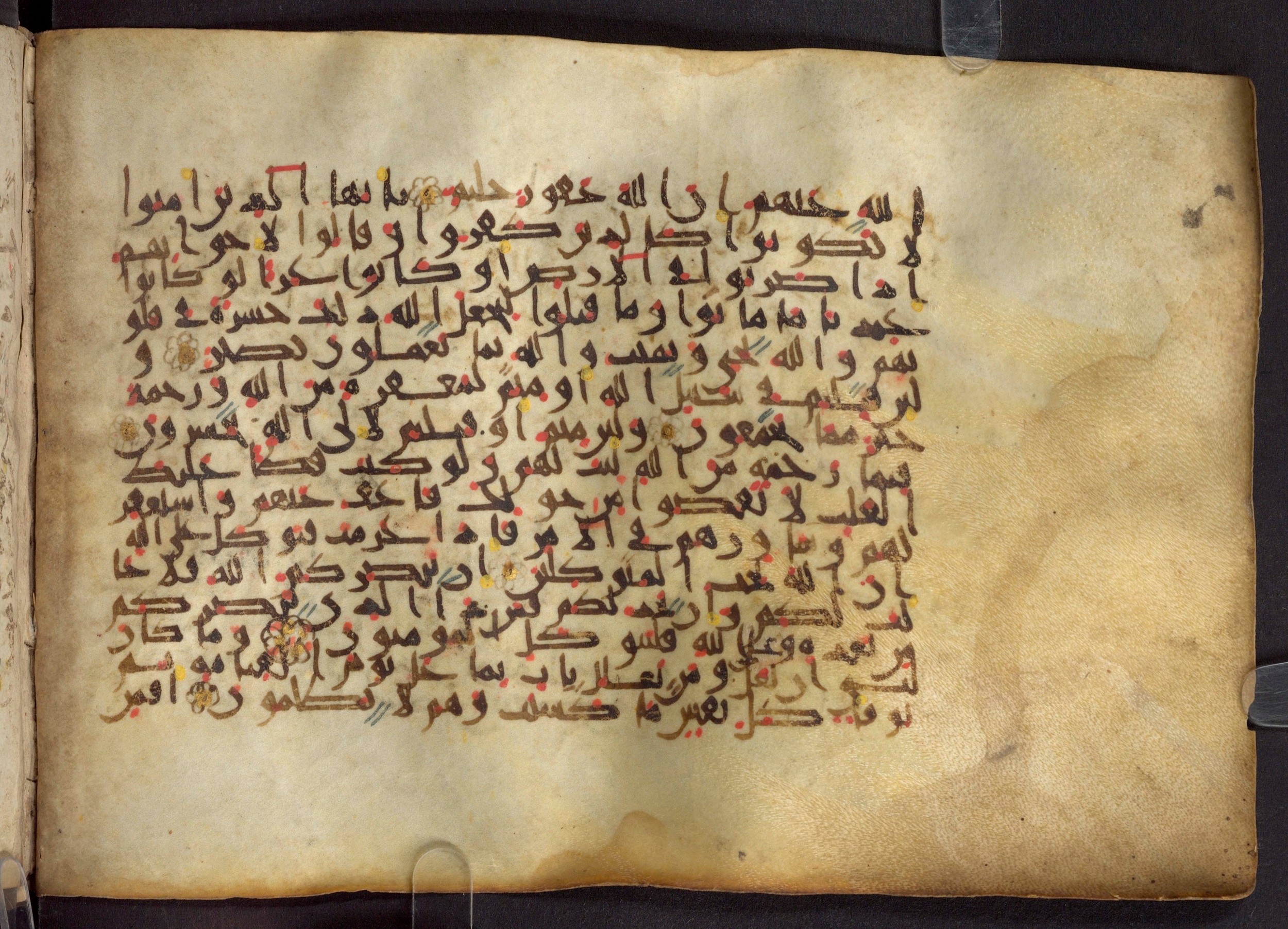 Paris, Bibliothèque nationale de France, Arabe 324 (c) (Scan 1), in Kufic C (Graphie C I a) script, showing Surah 3:161 from 8th Century AD found in Fustat (Old Cairo), Egypt, currently housed at Bibliothèque nationale de France, Paris