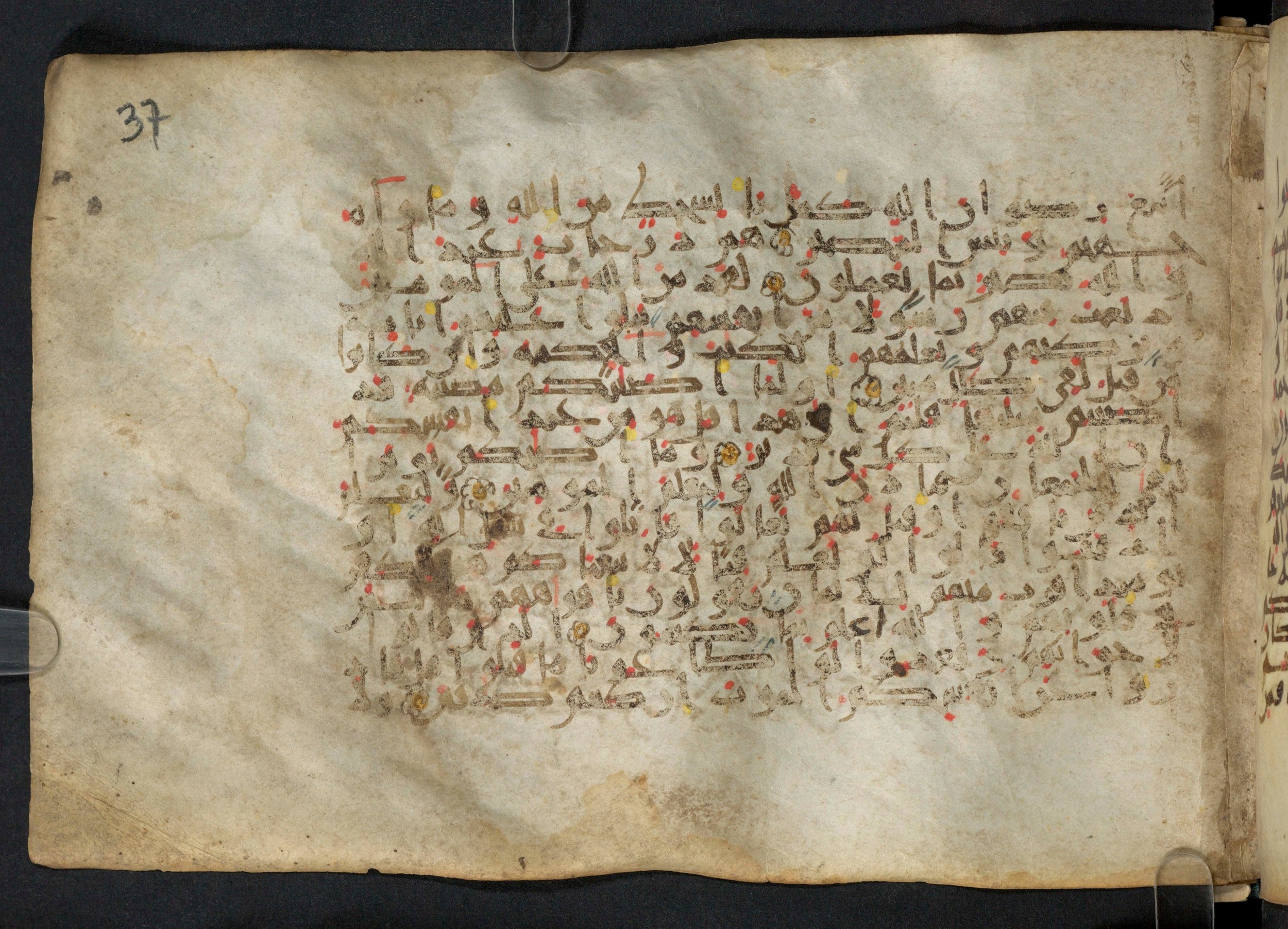 Paris, Bibliothèque nationale de France, Arabe 324 (c) (Scan 1), in Kufic C (Graphie C I a) script, showing Surah 3:166 from 8th Century AD found in Fustat (Old Cairo), Egypt, currently housed at Bibliothèque nationale de France, Paris