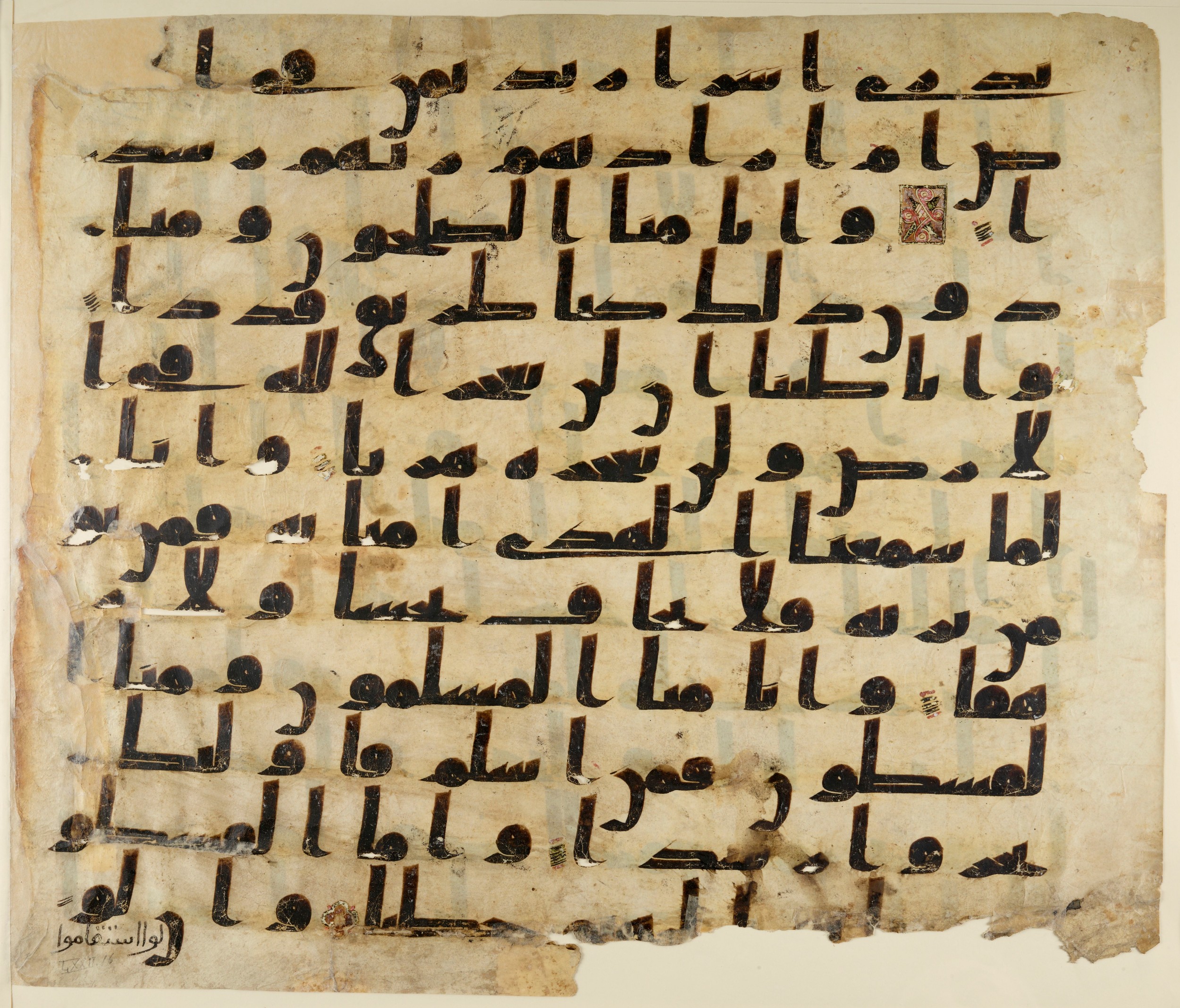 Paris, Bibliothèque nationale de France, Arabe 324 (c) (Scan 3), in Kufic C (Graphie C I a) script, showing Surah 72:13 from 8th Century AD found in Fustat (Old Cairo), Egypt, currently housed at Bibliothèque nationale de France, Paris