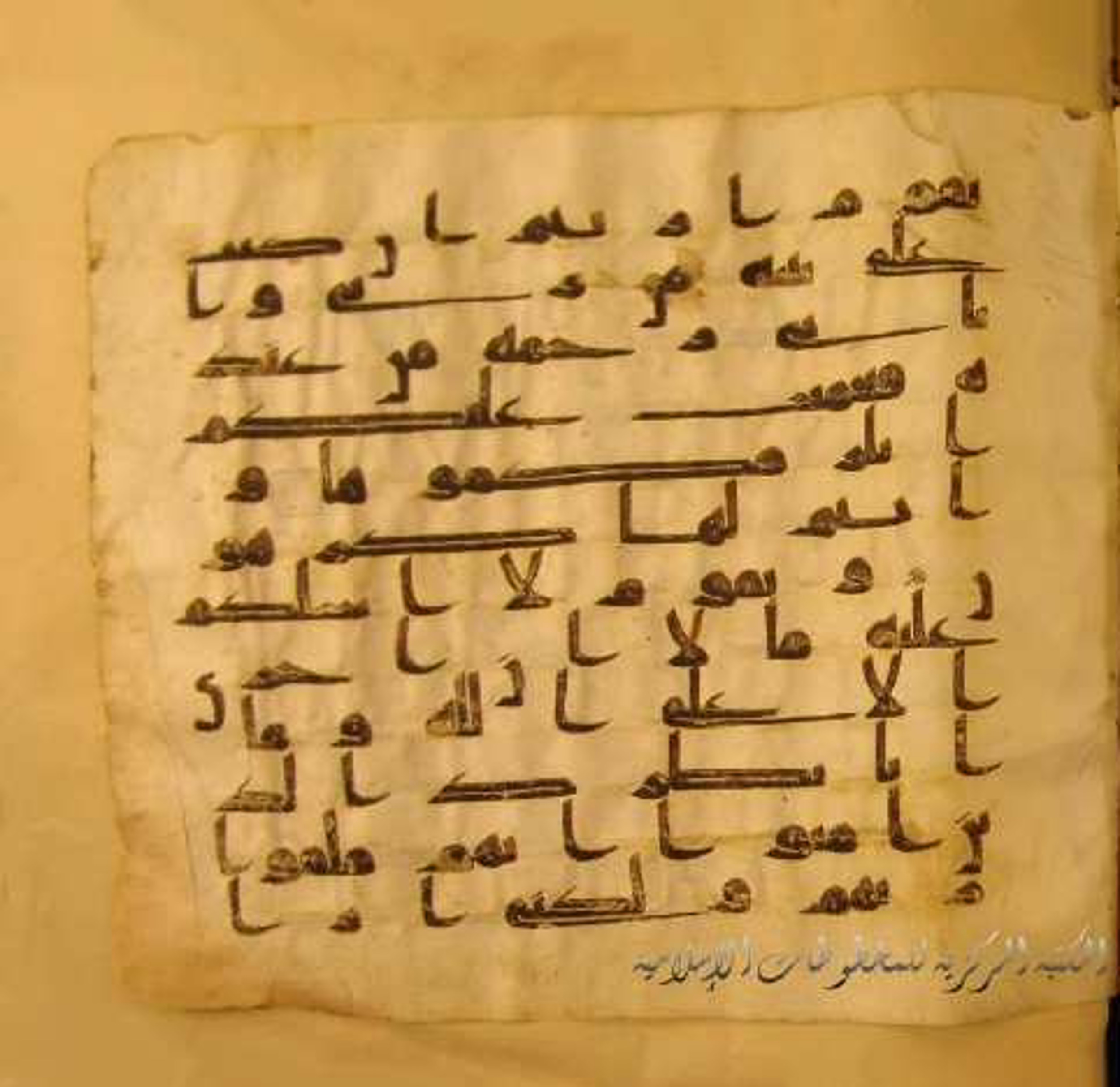 Paris, Bibliothèque nationale de France, Arabe 324 (c) (Scan 1), in Kufic C (Graphie C I a) script, showing Surah 11:29 from 8th Century AD found in Fustat (Old Cairo), Egypt, currently housed at Bibliothèque nationale de France, Paris