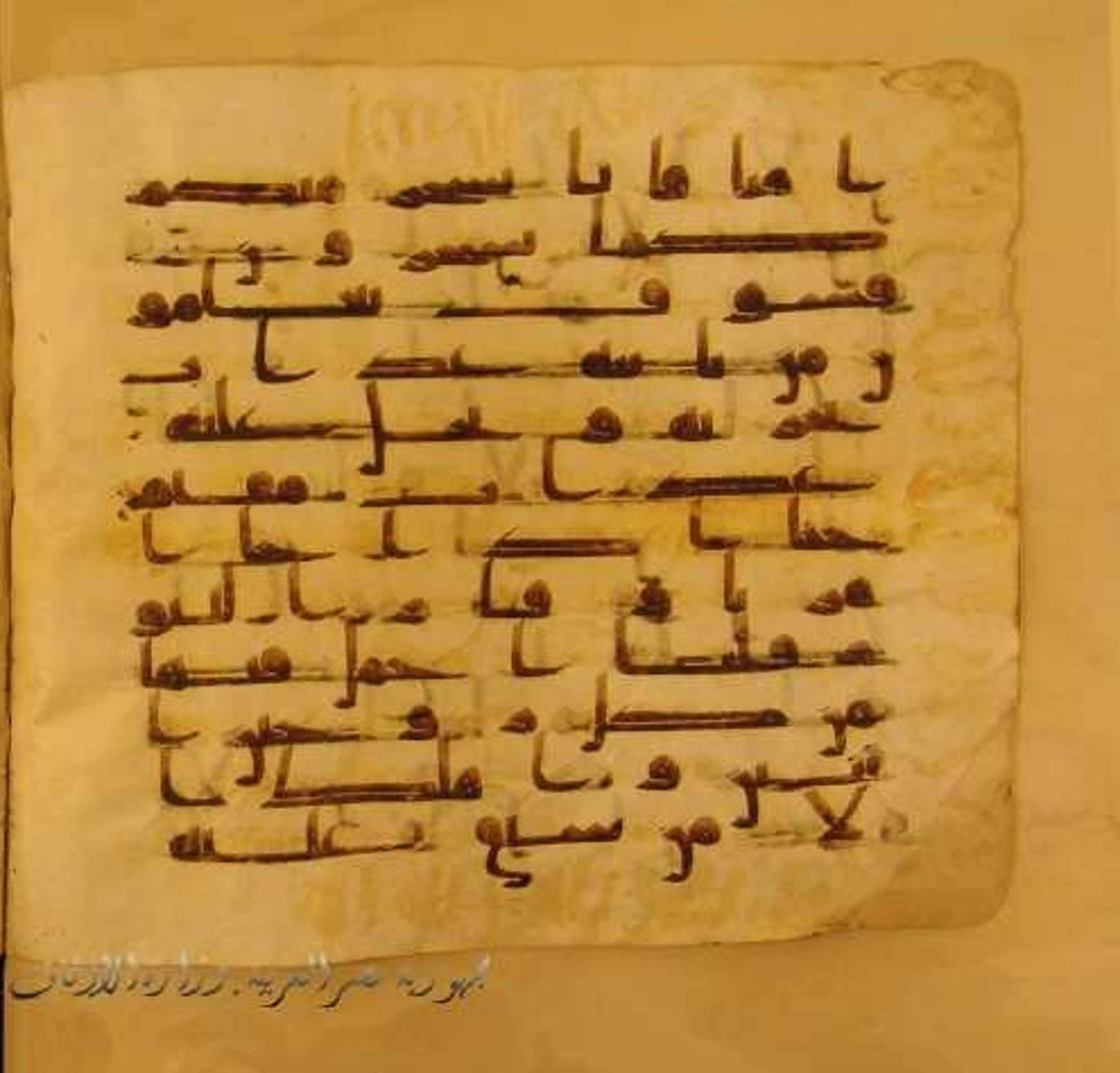 Paris, Bibliothèque nationale de France, Arabe 324 (c) (Scan 2), in Kufic C (Graphie C I a) script, showing Surah 11:39 from 8th Century AD found in Fustat (Old Cairo), Egypt, currently housed at Bibliothèque nationale de France, Paris