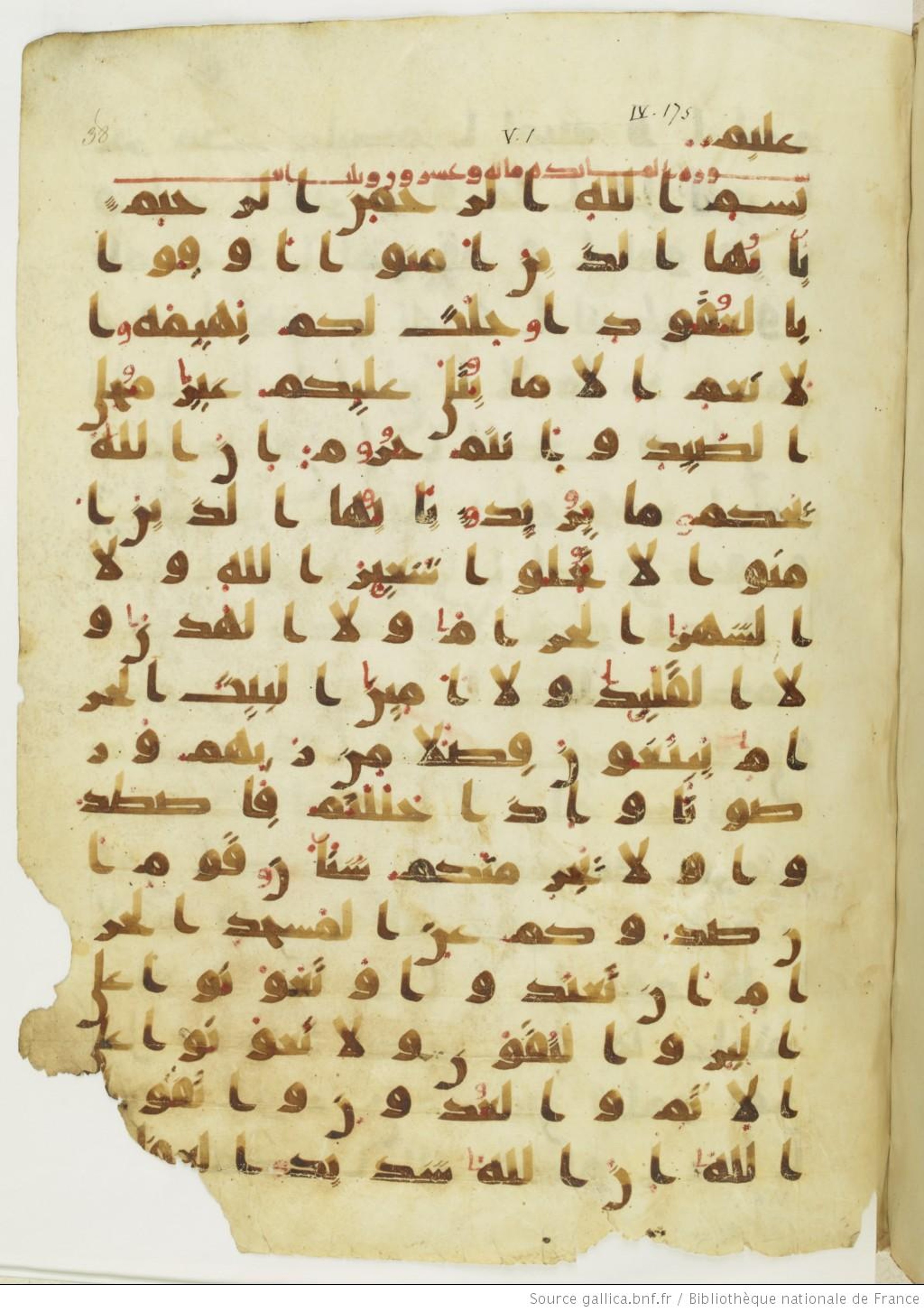 Paris, Bibliothèque nationale de France, Arabe 324 (c) (Scan 8), in Kufic C (Graphie C I a) script, showing Surah 5:2 from 8th Century AD found in Fustat (Old Cairo), Egypt, currently housed at Bibliothèque nationale de France, Paris