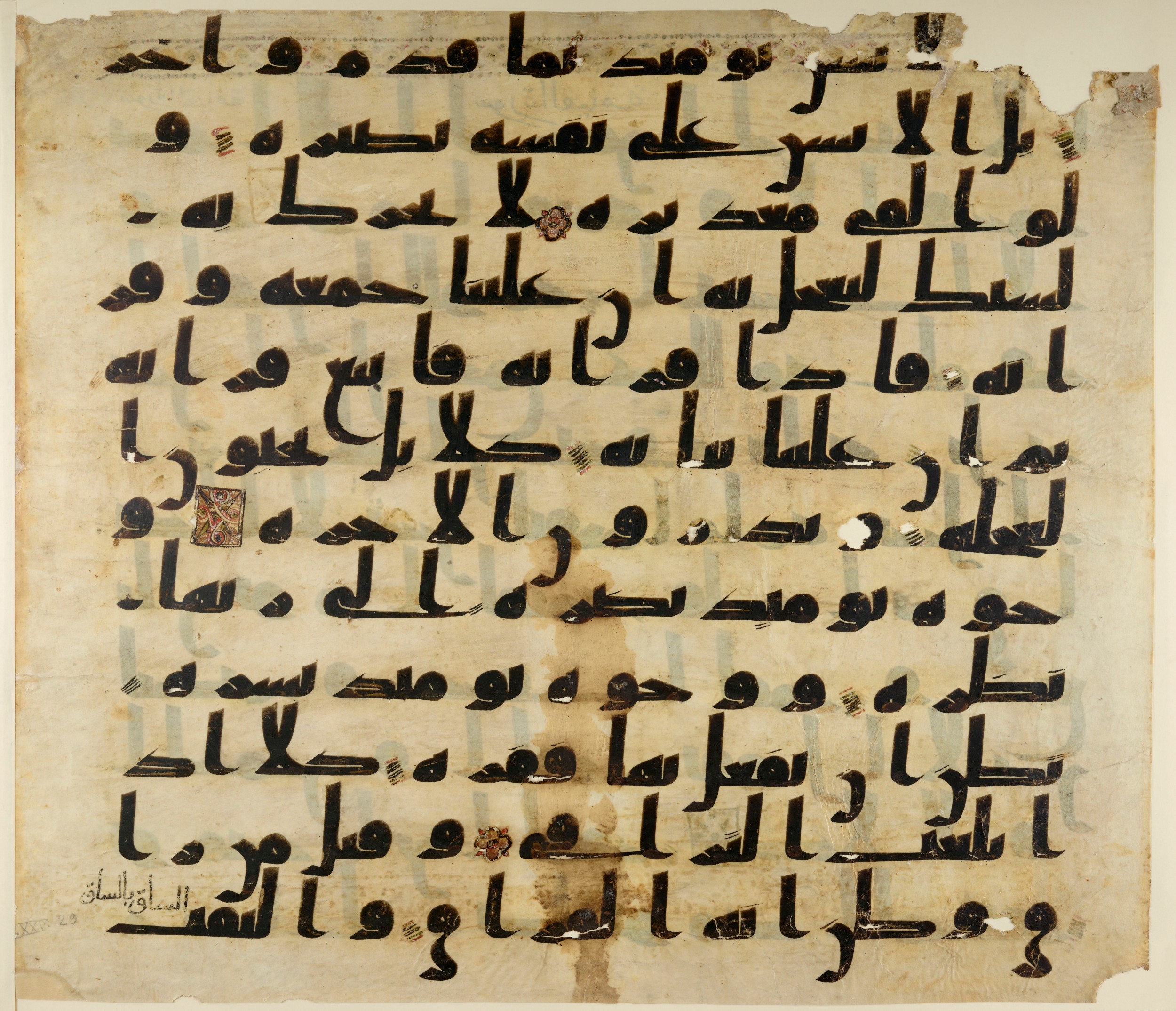 Paris, Bibliothèque nationale de France, Arabe 324 (c) (Scan 2), in Kufic C (Graphie C I a) script, showing Surah 75:21 from 8th Century AD found in Fustat (Old Cairo), Egypt, currently housed at Bibliothèque nationale de France, Paris