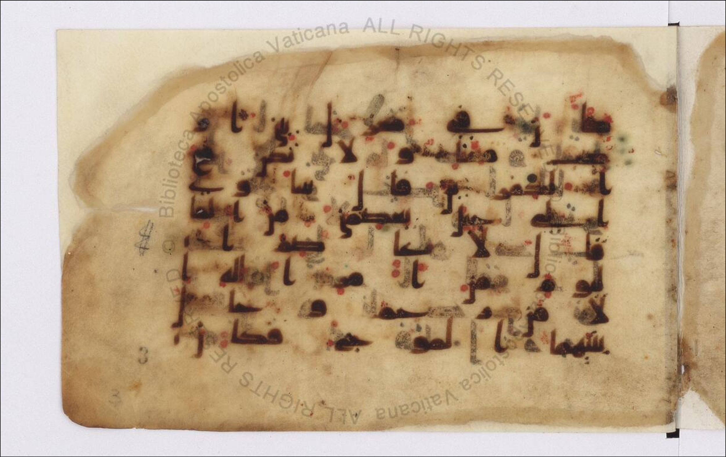 Paris, Bibliothèque nationale de France, Arabe 324 (c) (Scan 2), in Kufic C (Graphie C I a) script, showing Surah 11:43 from 8th Century AD found in Fustat (Old Cairo), Egypt, currently housed at Bibliothèque nationale de France, Paris