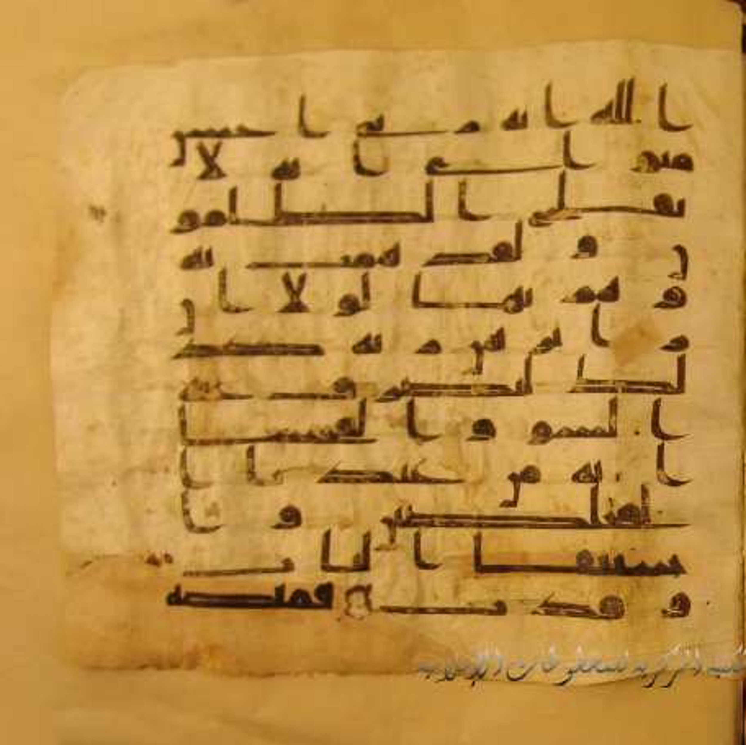 Paris, Bibliothèque nationale de France, Arabe 324 (c) (Scan 2), in Kufic C (Graphie C I a) script, showing Surah 12:23 from 8th Century AD found in Fustat (Old Cairo), Egypt, currently housed at Bibliothèque nationale de France, Paris