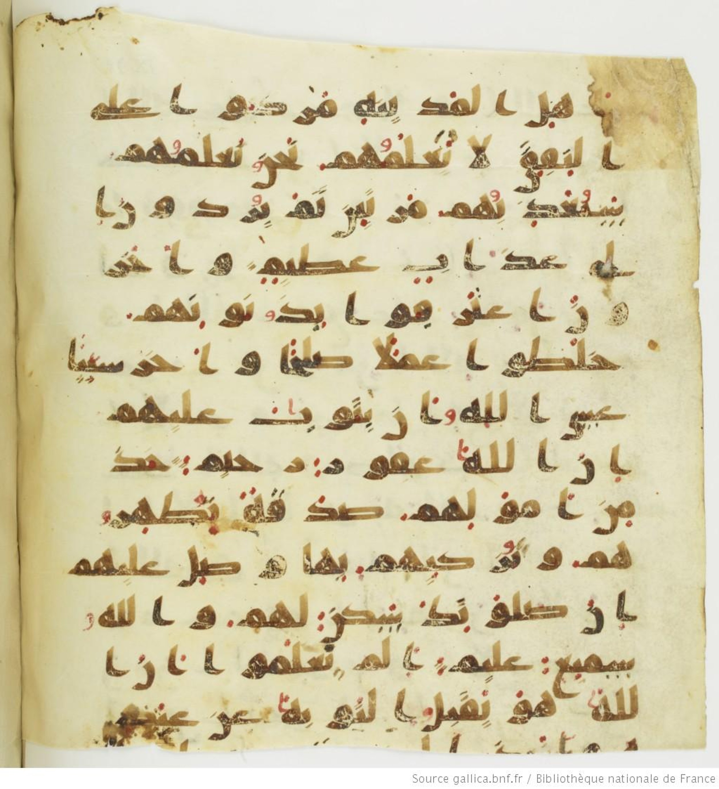 Paris, Bibliothèque nationale de France, Arabe 324 (c) (Scan 3), in Kufic C (Graphie C I a) script, showing Surah 9:103 from 8th Century AD found in Fustat (Old Cairo), Egypt, currently housed at Bibliothèque nationale de France, Paris