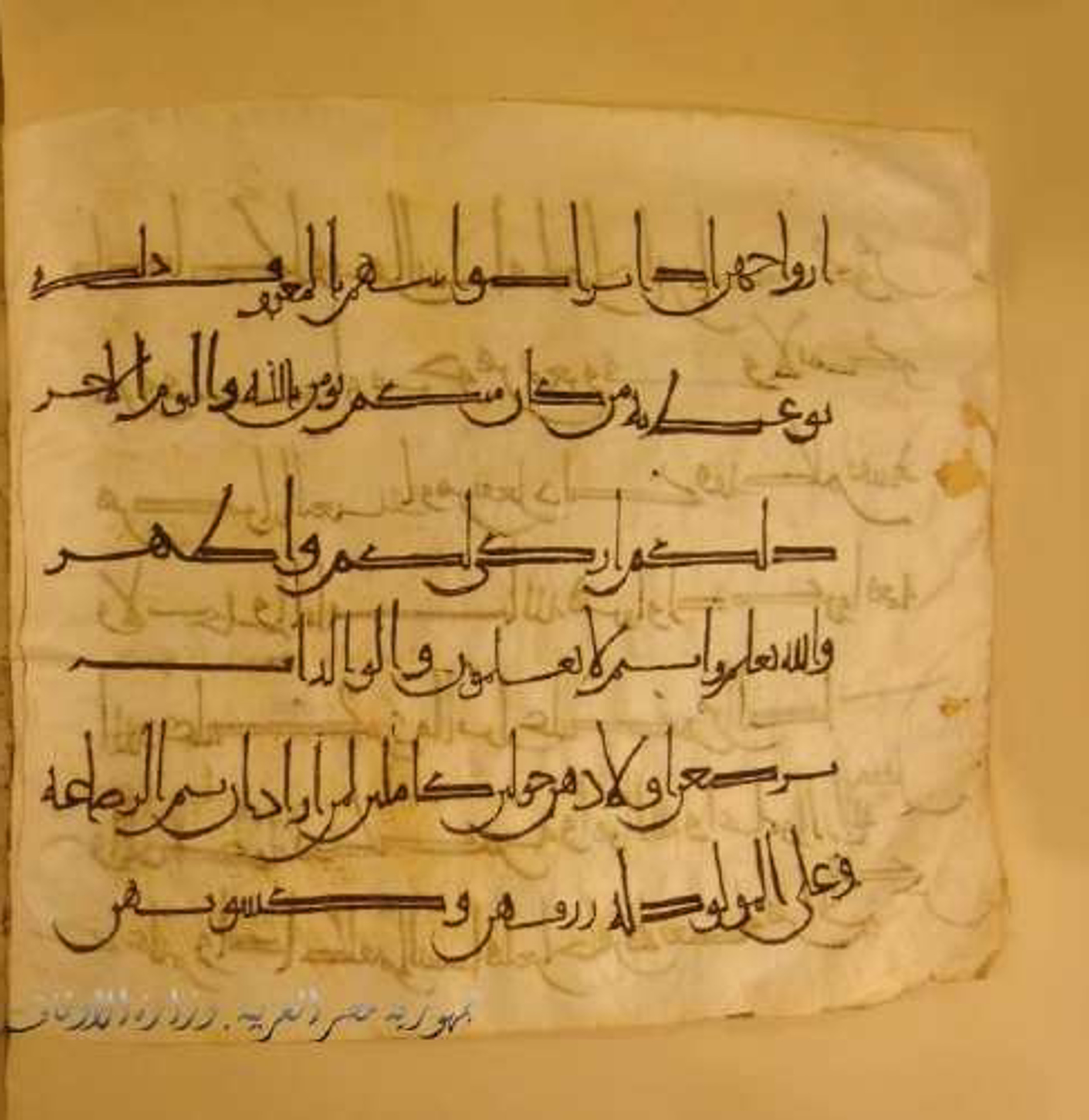 Paris, Bibliothèque nationale de France, Arabe 324 (c) (Scan 5), in Kufic C (Graphie C I a) script, showing Surah 2:232 from 8th Century AD found in Fustat (Old Cairo), Egypt, currently housed at Bibliothèque nationale de France, Paris