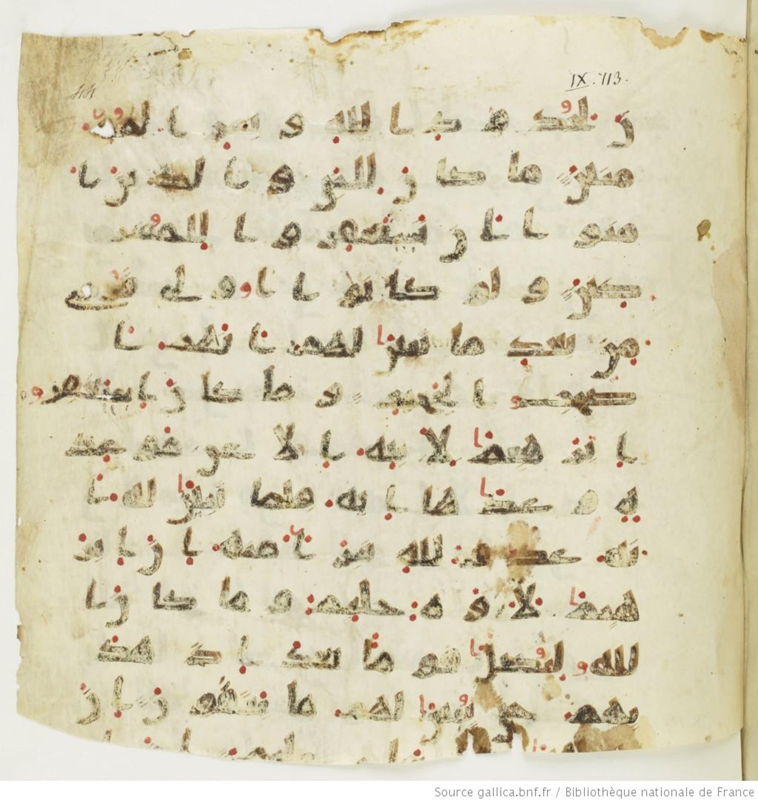 Paris, Bibliothèque nationale de France, Arabe 324 (c) (Scan 3), in Kufic C (Graphie C I a) script, showing Surah 9:113 from 8th Century AD found in Fustat (Old Cairo), Egypt, currently housed at Bibliothèque nationale de France, Paris