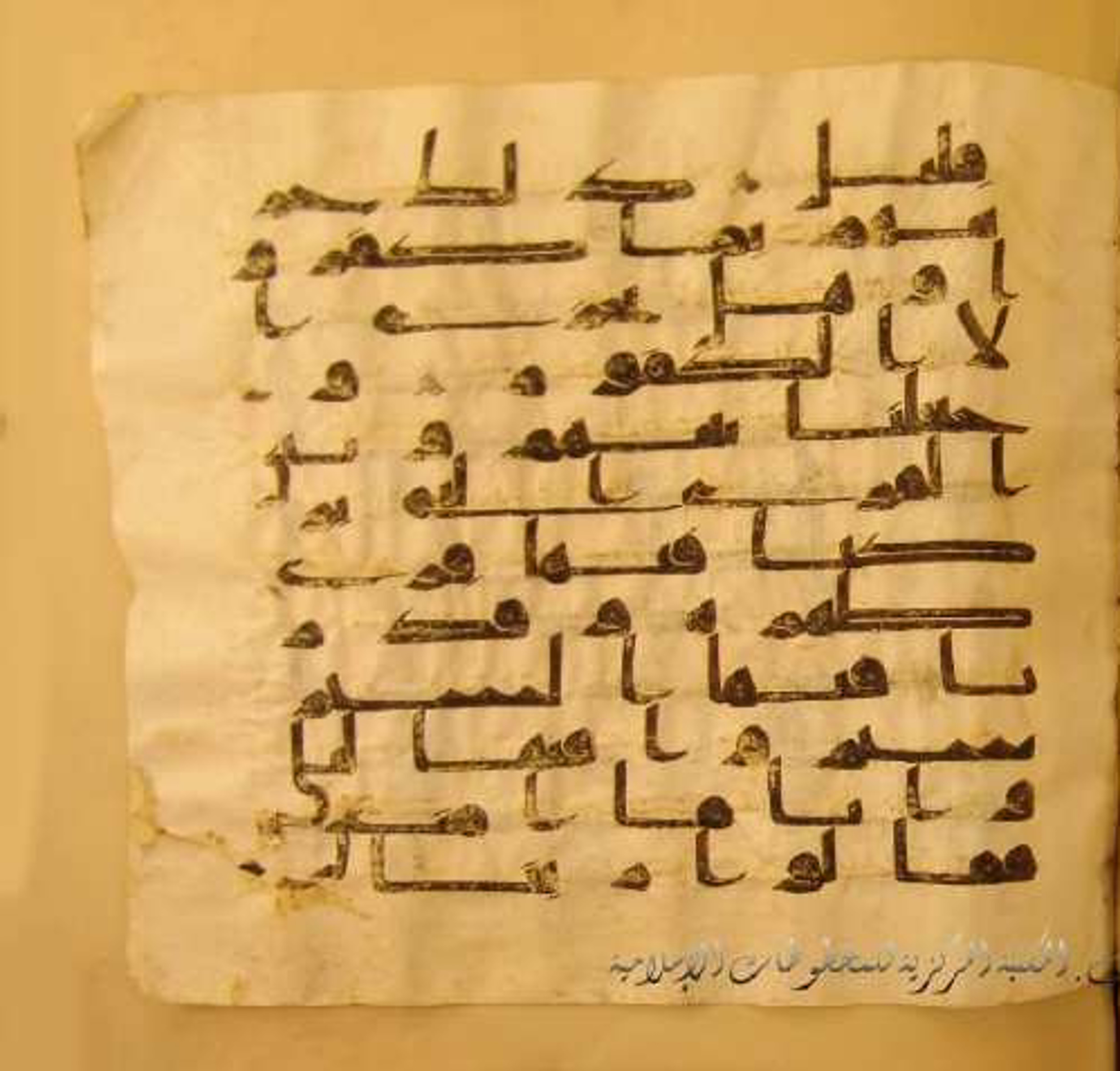 Paris, Bibliothèque nationale de France, Arabe 324 (c) (Scan 5), in Kufic C (Graphie C I a) script, showing Surah 34:16 from 8th Century AD found in Fustat (Old Cairo), Egypt, currently housed at Bibliothèque nationale de France, Paris