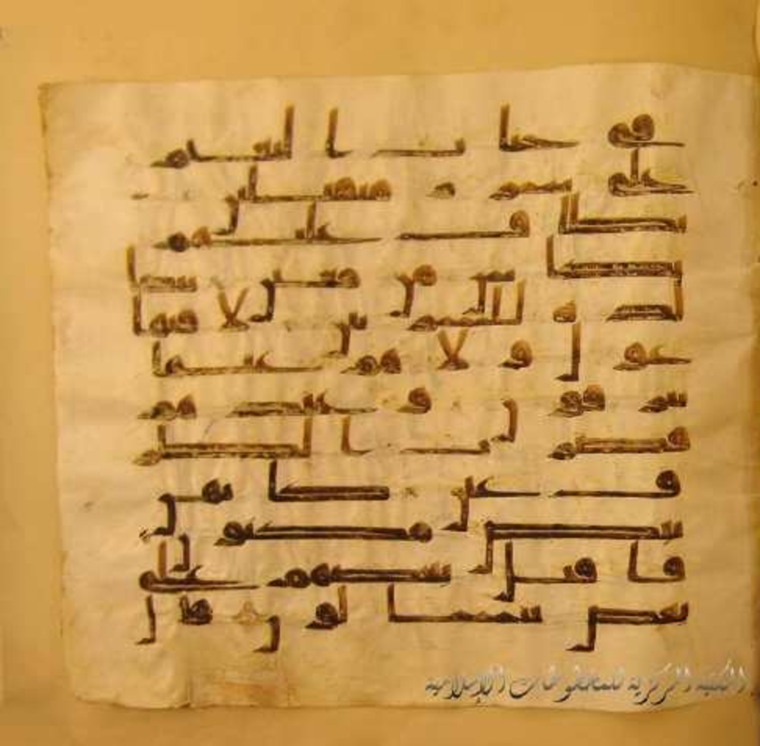 Paris, Bibliothèque nationale de France, Arabe 324 (c) (Scan 2), in Kufic C (Graphie C I a) script, showing Surah 37:49 from 8th Century AD found in Fustat (Old Cairo), Egypt, currently housed at Bibliothèque nationale de France, Paris