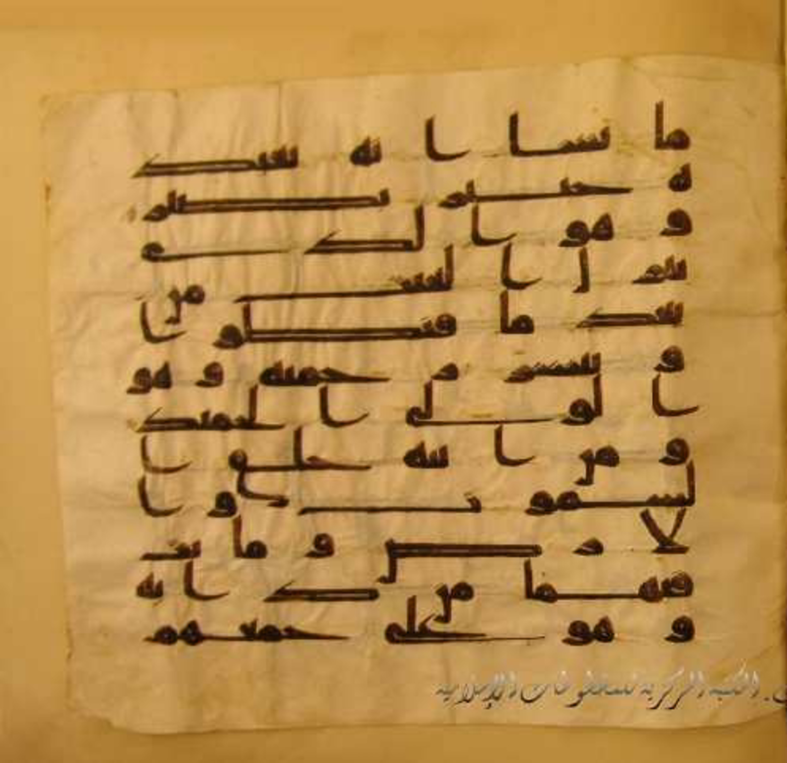 Paris, Bibliothèque nationale de France, Arabe 324 (c) (Scan 1), in Kufic C (Graphie C I a) script, showing Surah 42:29 from 8th Century AD found in Fustat (Old Cairo), Egypt, currently housed at Bibliothèque nationale de France, Paris