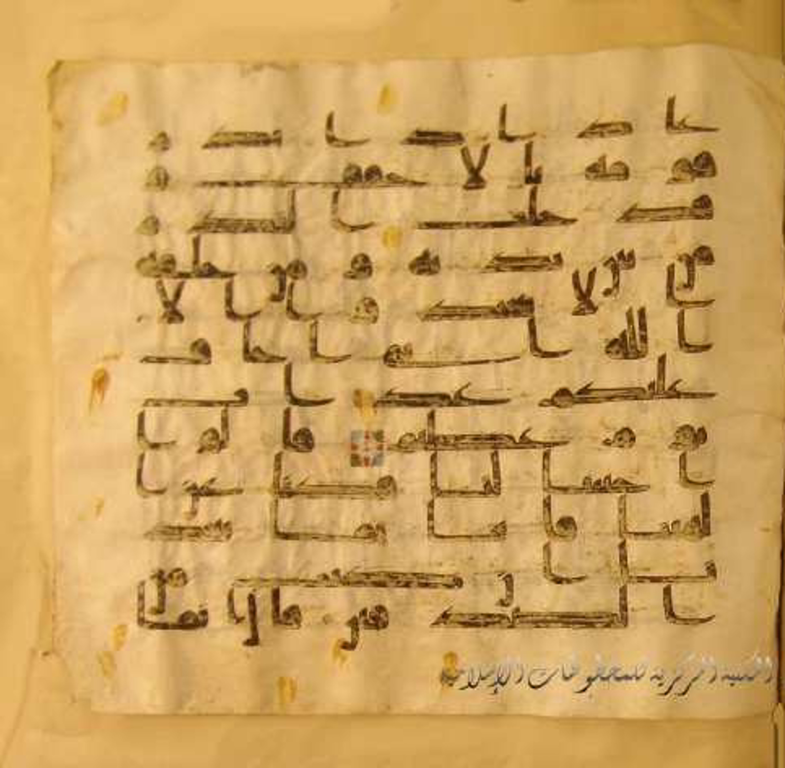 Paris, Bibliothèque nationale de France, Arabe 324 (c) (Scan 1), in Kufic C (Graphie C I a) script, showing Surah 46:23 from 8th Century AD found in Fustat (Old Cairo), Egypt, currently housed at Bibliothèque nationale de France, Paris
