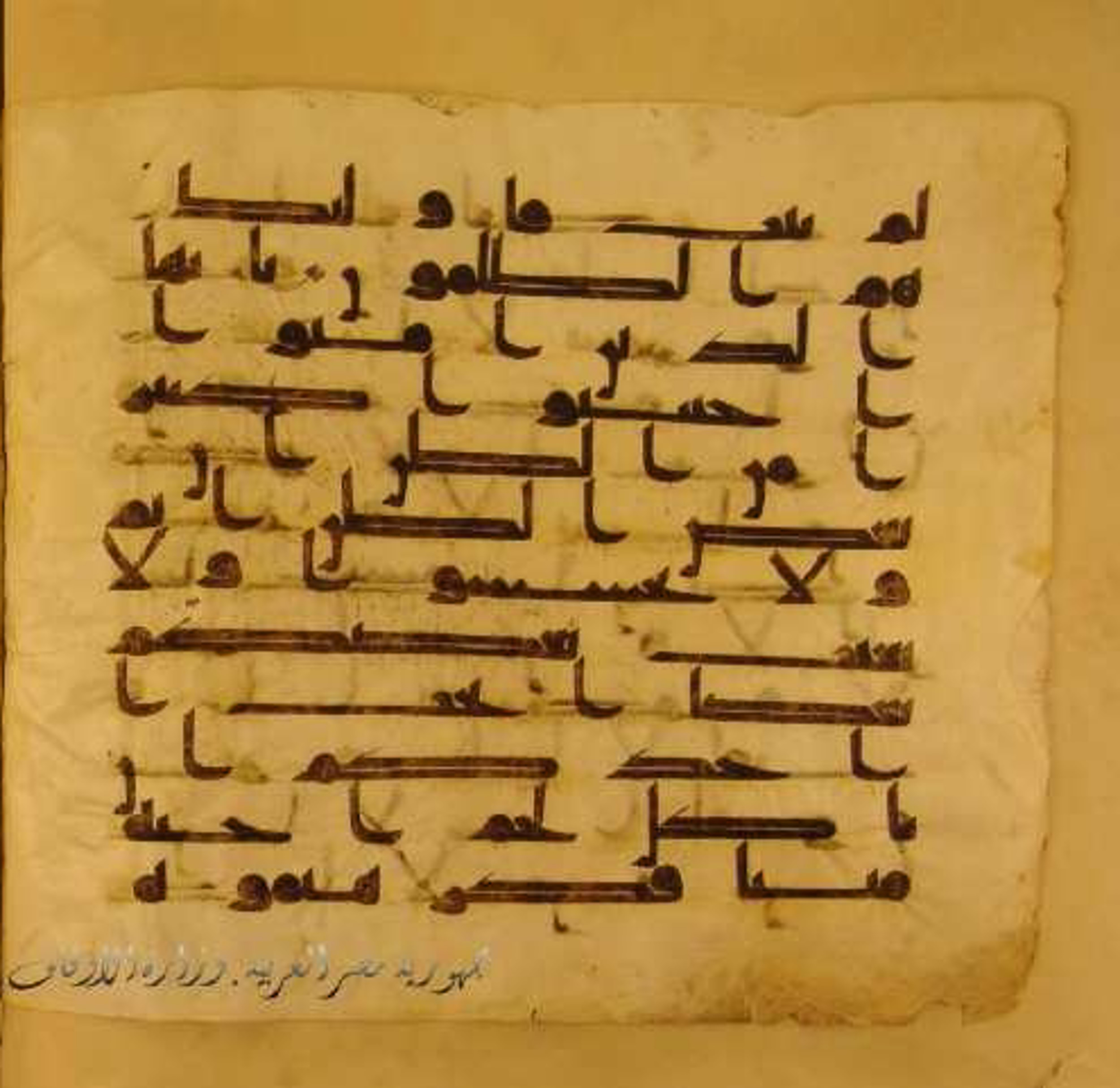 Paris, Bibliothèque nationale de France, Arabe 324 (c) (Scan 1), in Kufic C (Graphie C I a) script, showing Surah 49:12 from 8th Century AD found in Fustat (Old Cairo), Egypt, currently housed at Bibliothèque nationale de France, Paris