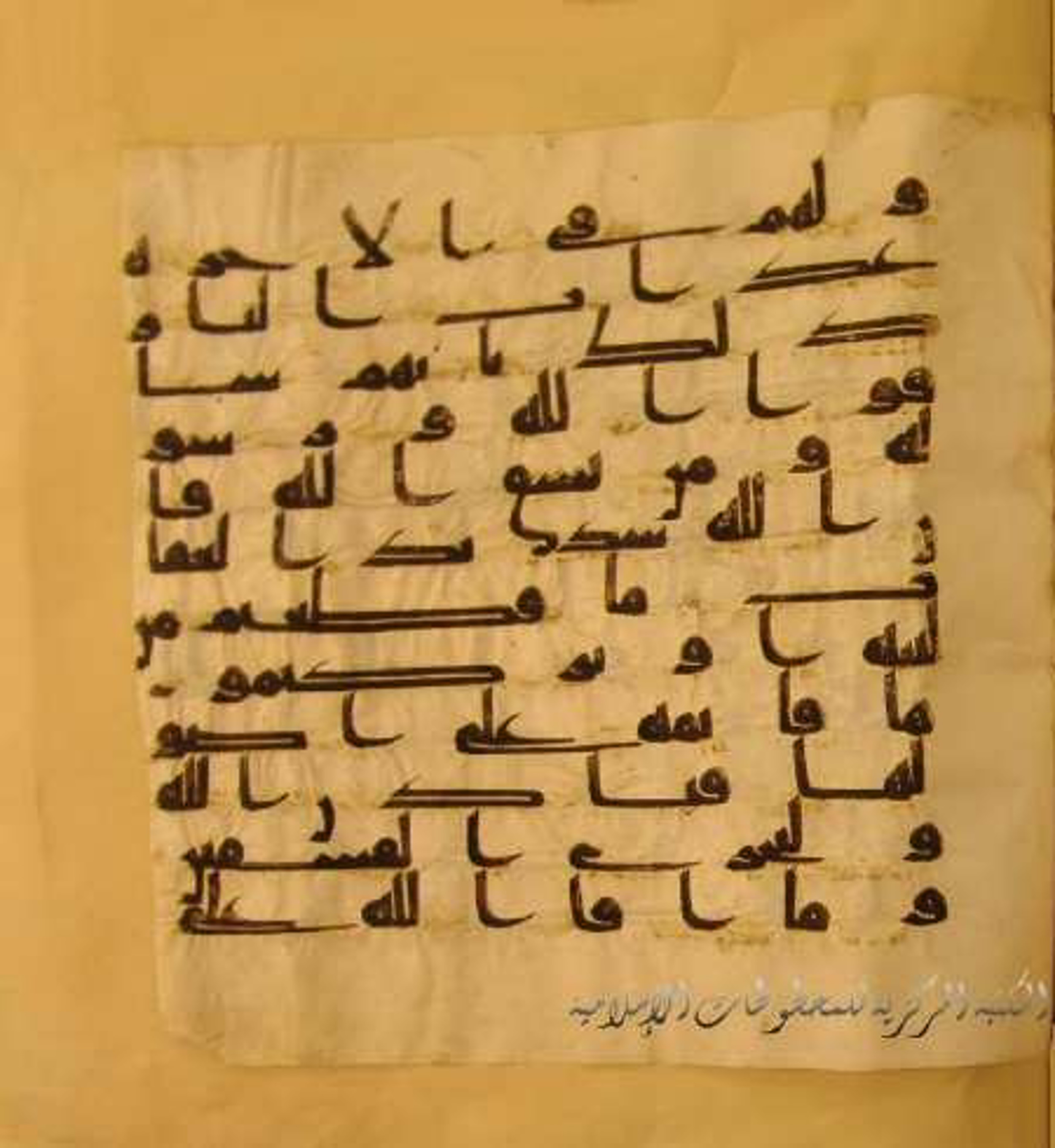 Paris, Bibliothèque nationale de France, Arabe 324 (c) (Scan 2), in Kufic C (Graphie C I a) script, showing Surah 59:3 from 8th Century AD found in Fustat (Old Cairo), Egypt, currently housed at Bibliothèque nationale de France, Paris