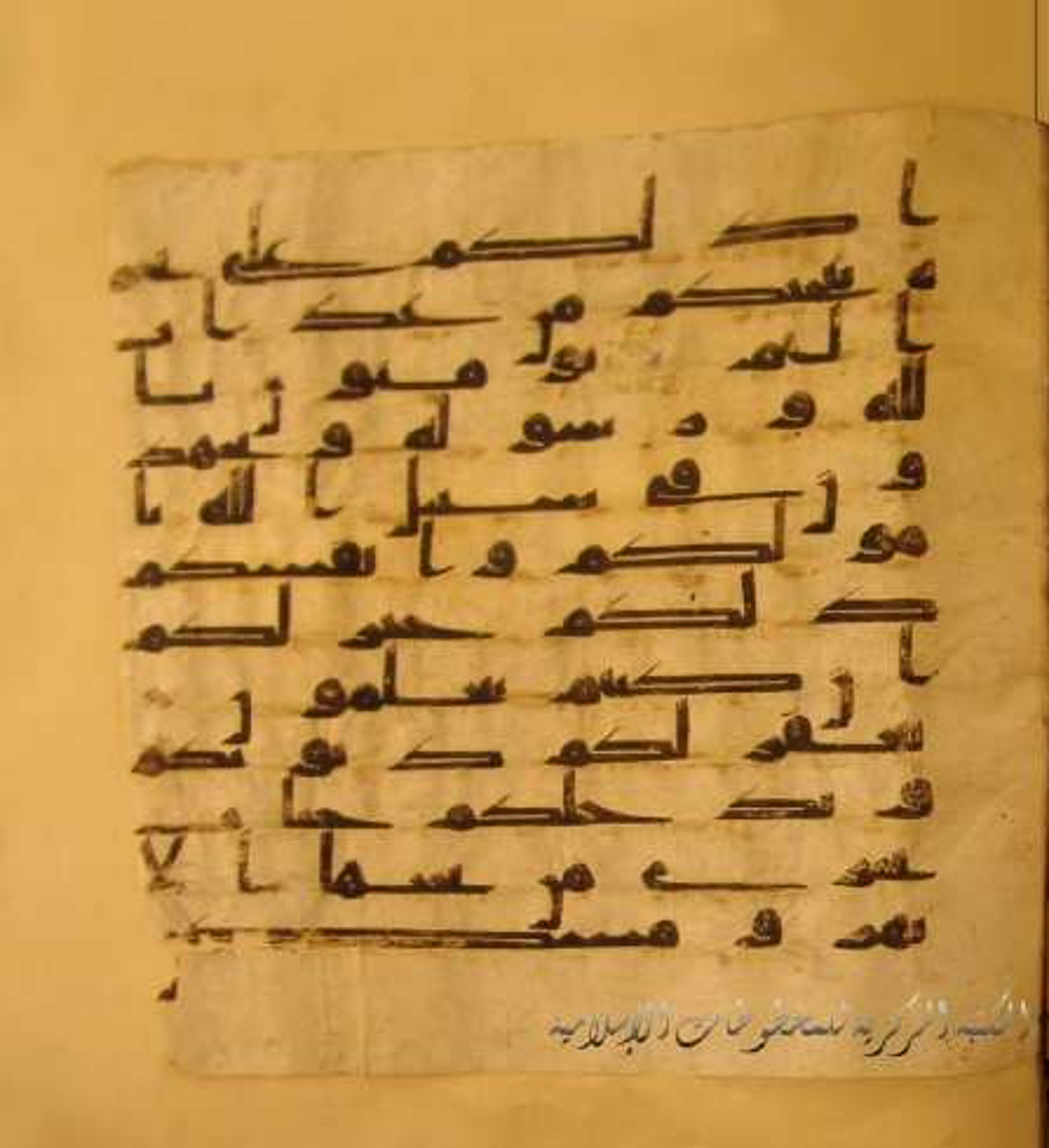 Paris, Bibliothèque nationale de France, Arabe 324 (c) (Scan 2), in Kufic C (Graphie C I a) script, showing Surah 61:10 from 8th Century AD found in Fustat (Old Cairo), Egypt, currently housed at Bibliothèque nationale de France, Paris